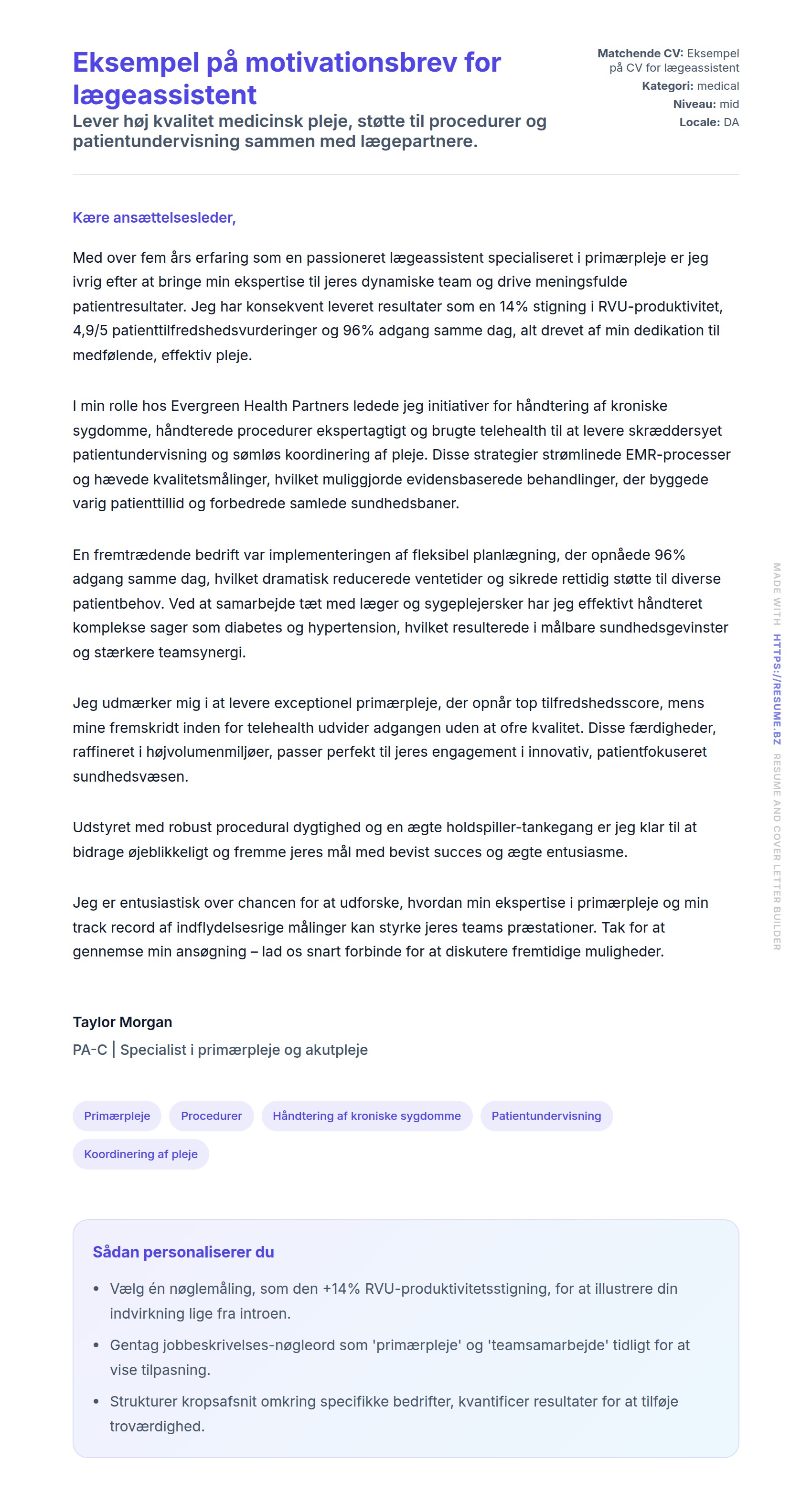 Ansøgningsbrev forhåndsvisning for Eksempel på motivationsbrev for lægeassistent