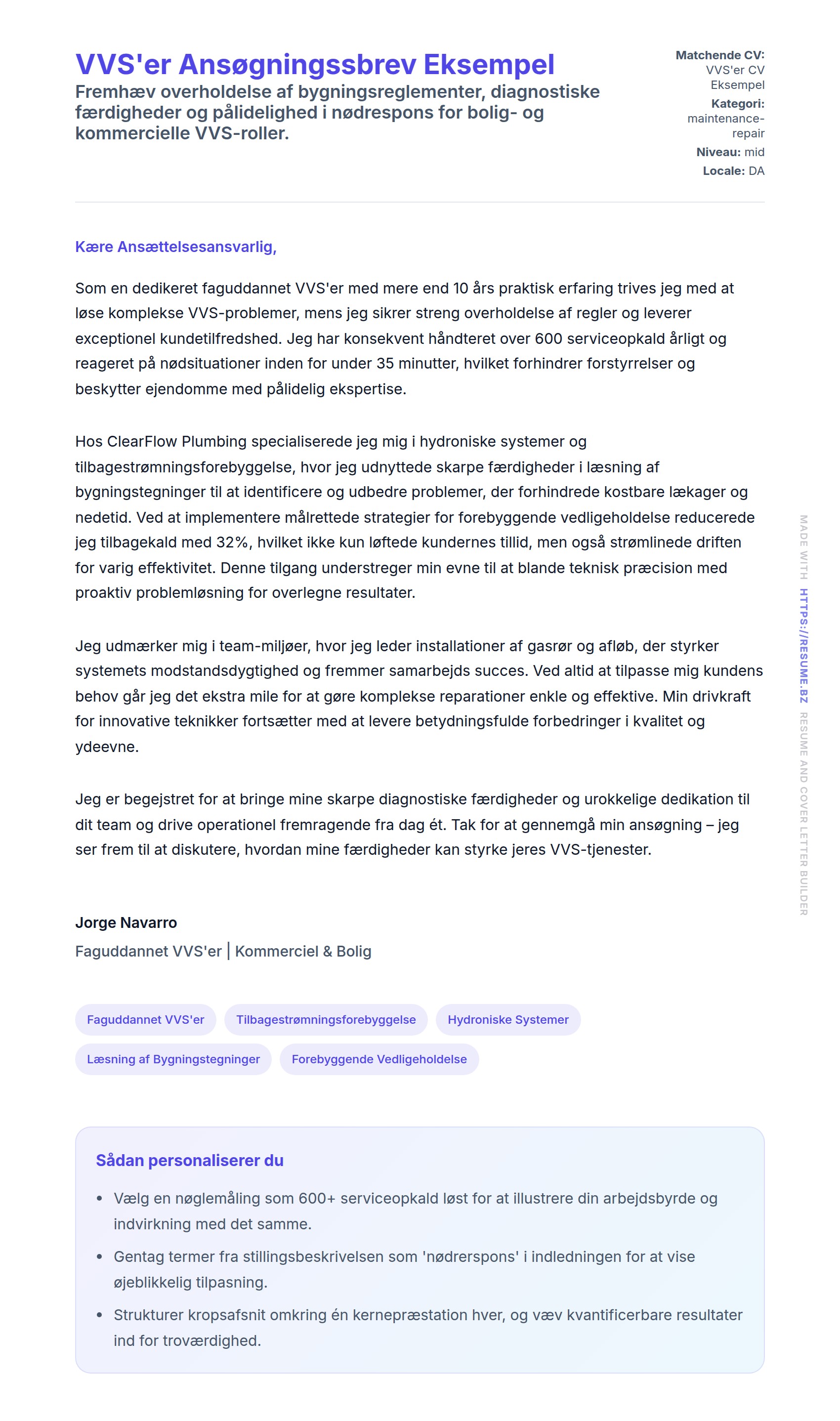 Ansøgningsbrev forhåndsvisning for VVS'er Ansøgningssbrev Eksempel