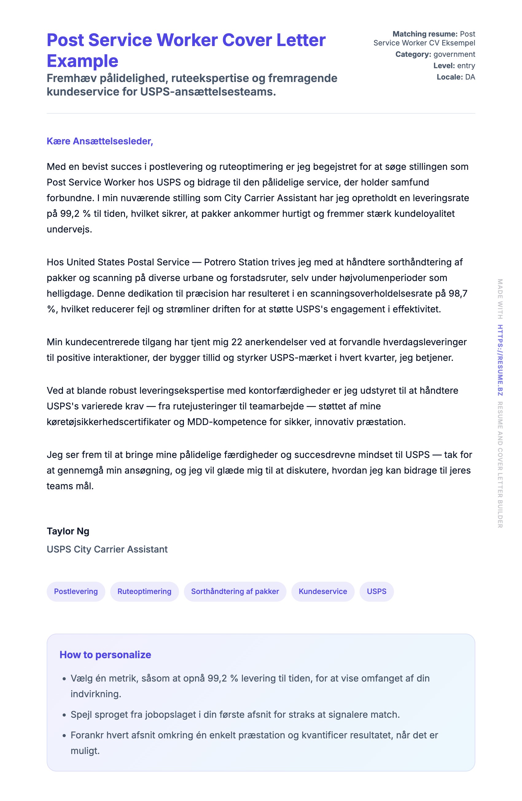 Ansøgningsbrev forhåndsvisning for Post Service Worker Cover Letter Example