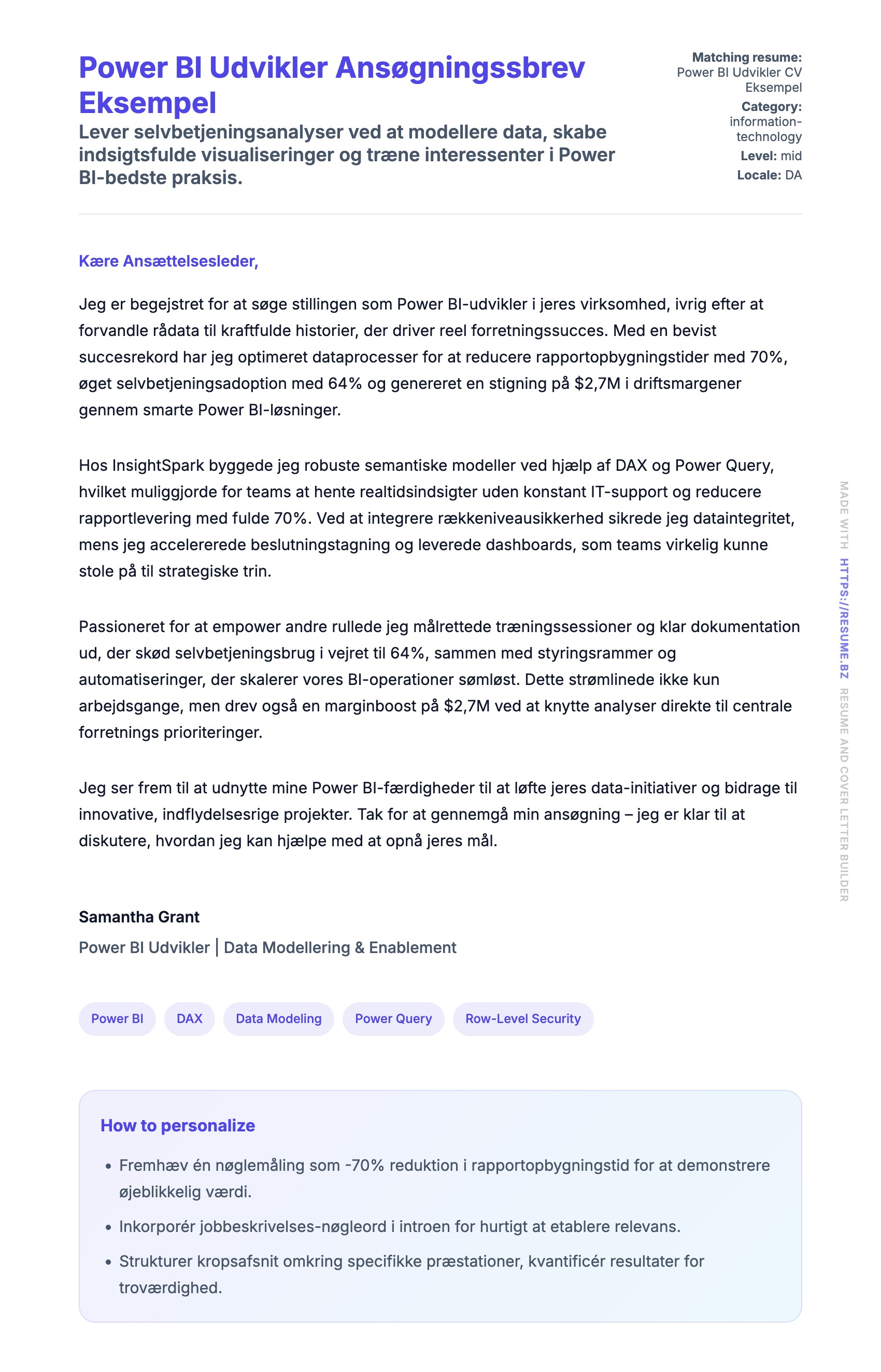 Ansøgningsbrev forhåndsvisning for Power BI Udvikler Ansøgningssbrev Eksempel