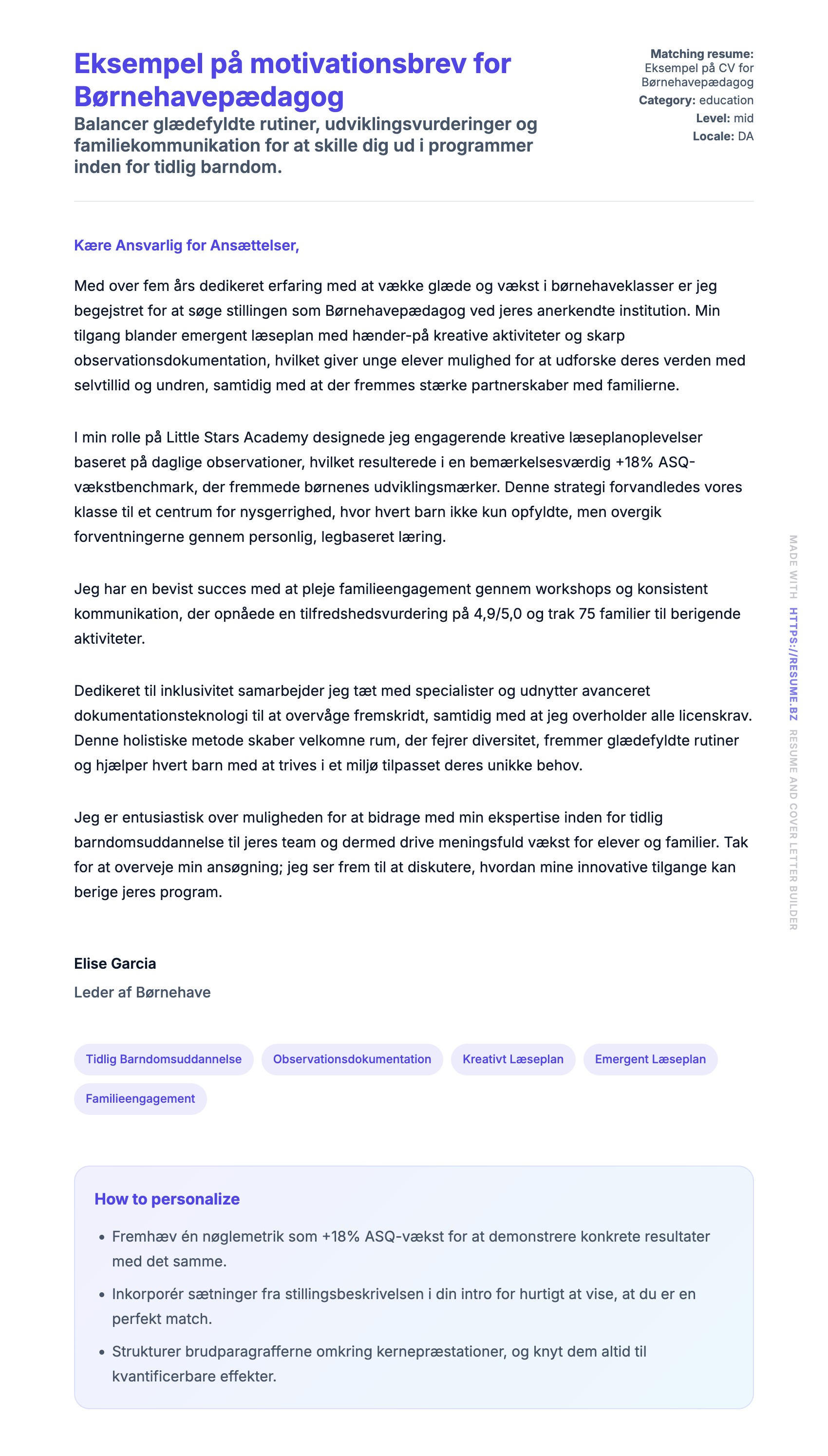 Ansøgningsbrev forhåndsvisning for Eksempel på motivationsbrev for Børnehavepædagog