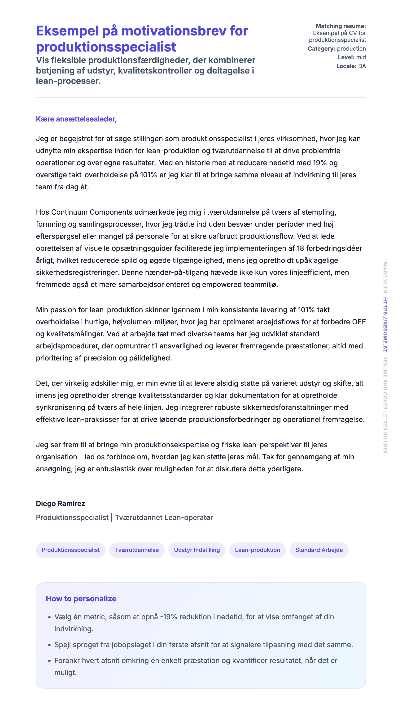 Ansøgningsbrev forhåndsvisning for Eksempel på motivationsbrev for produktionsspecialist