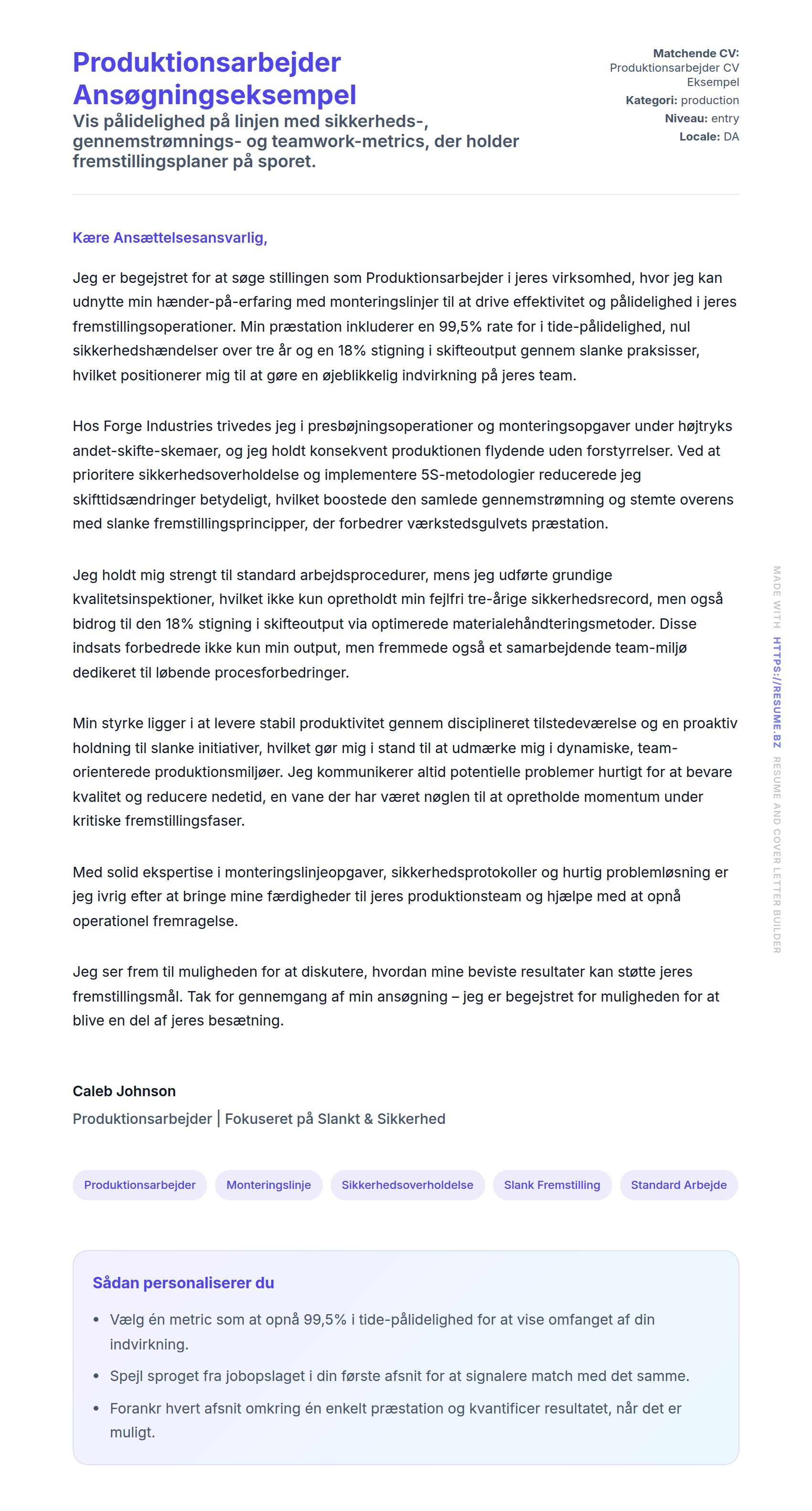 Ansøgningsbrev forhåndsvisning for Produktionsarbejder Ansøgningseksempel