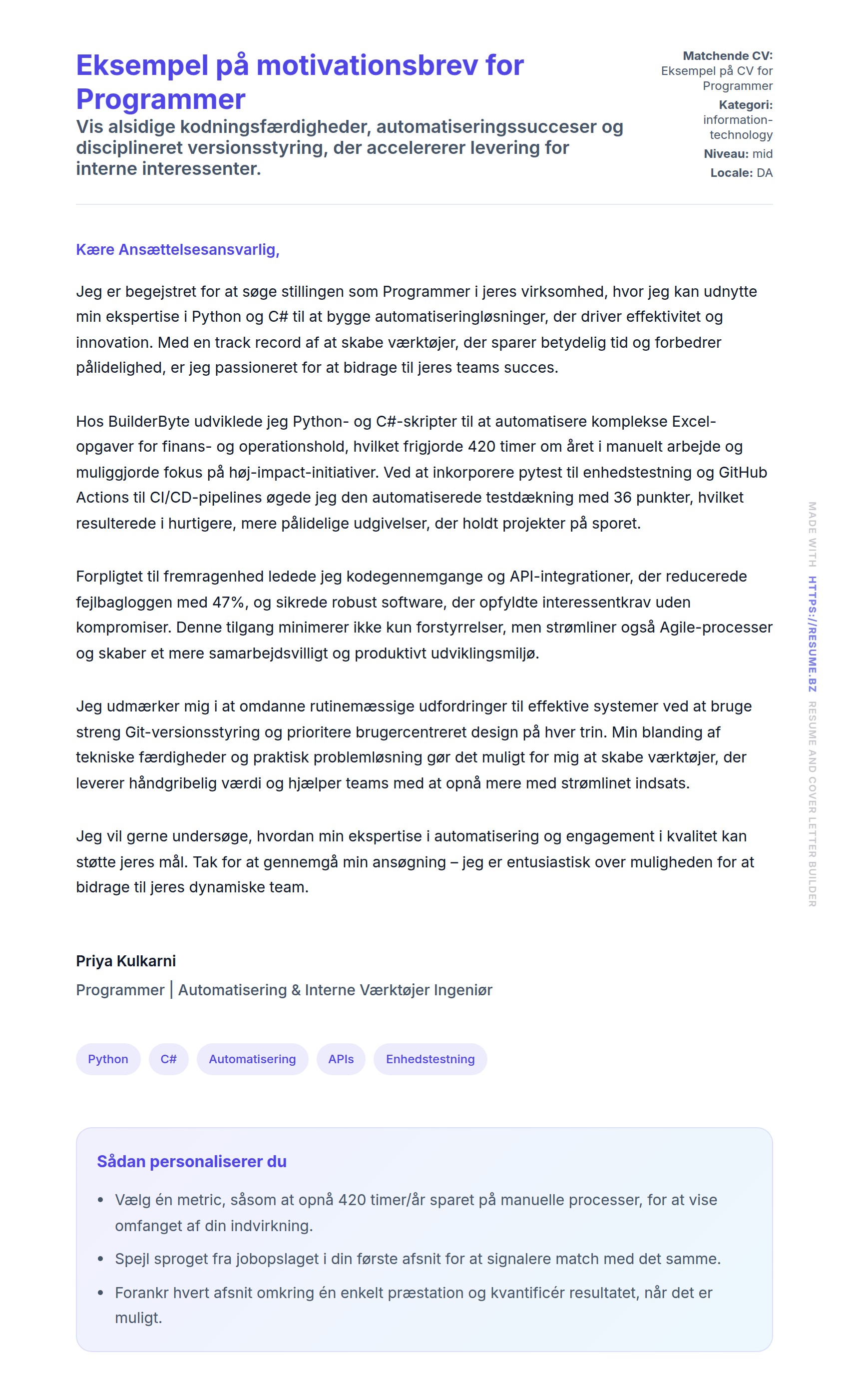 Ansøgningsbrev forhåndsvisning for Eksempel på motivationsbrev for Programmer