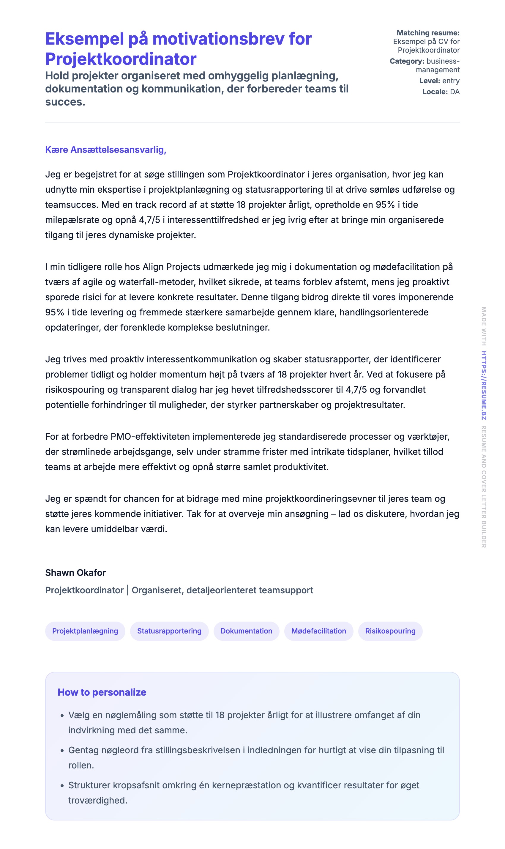 Ansøgningsbrev forhåndsvisning for Eksempel på motivationsbrev for Projektkoordinator
