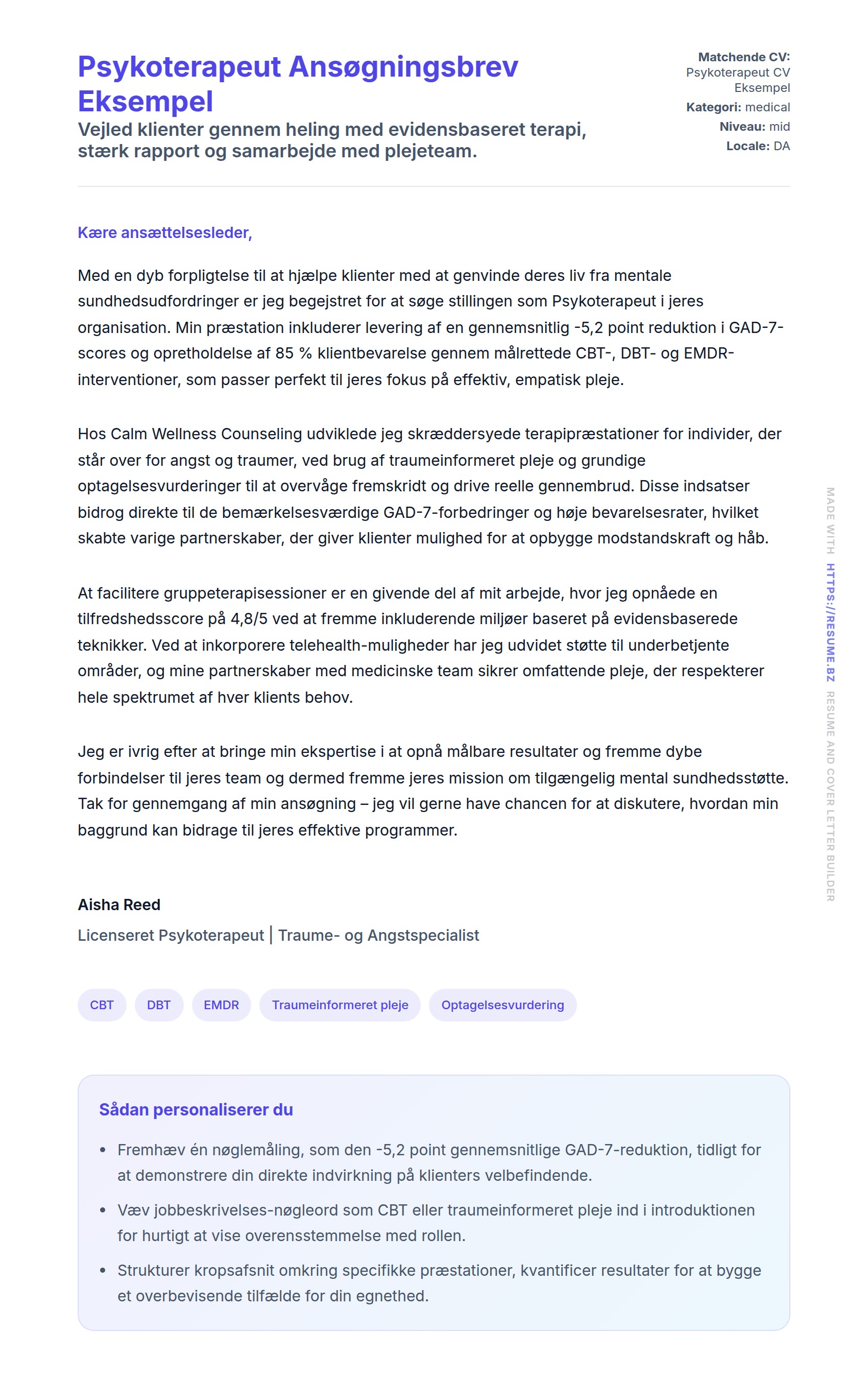 Ansøgningsbrev forhåndsvisning for Psykoterapeut Ansøgningsbrev Eksempel