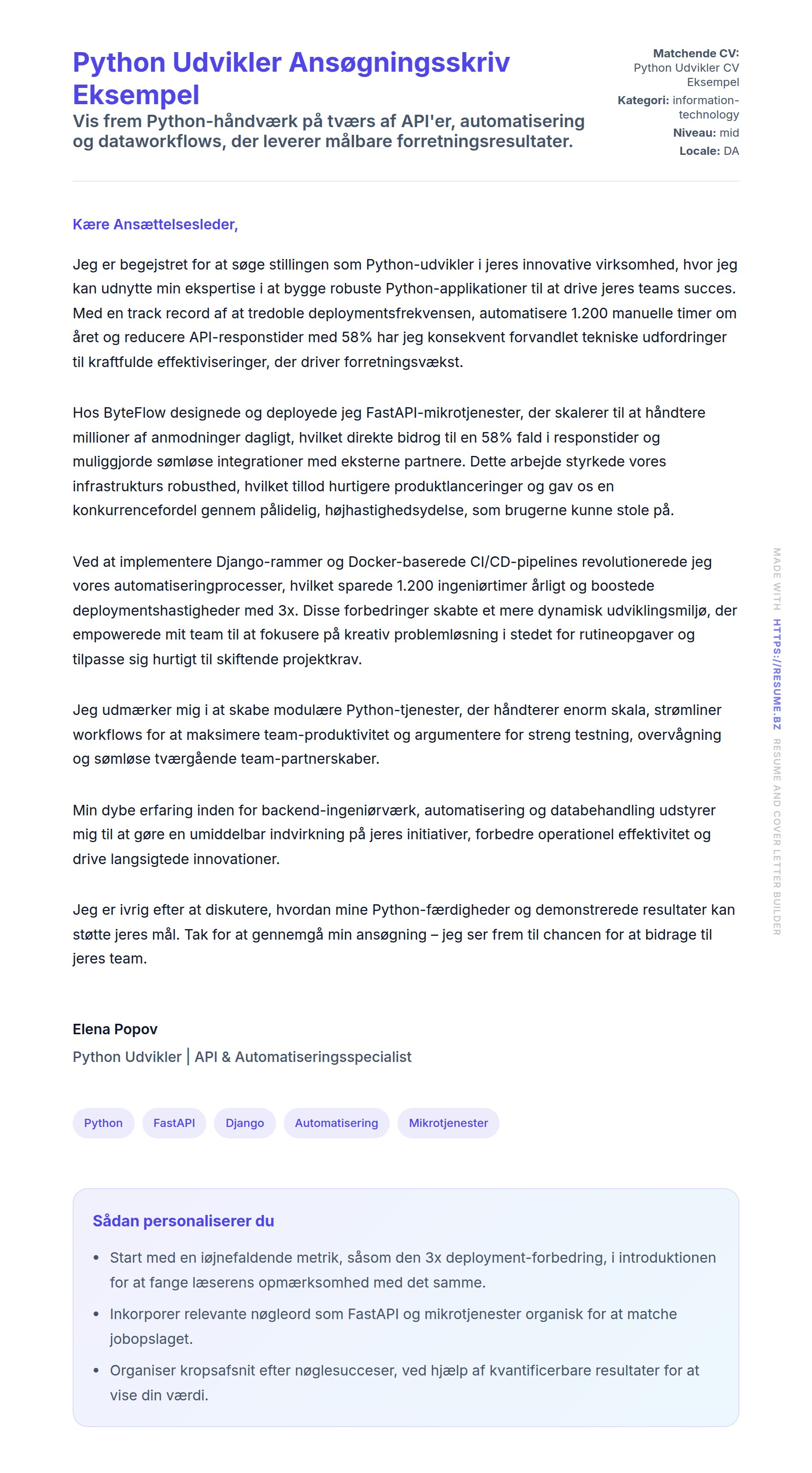 Ansøgningsbrev forhåndsvisning for Python Udvikler Ansøgningsskriv Eksempel