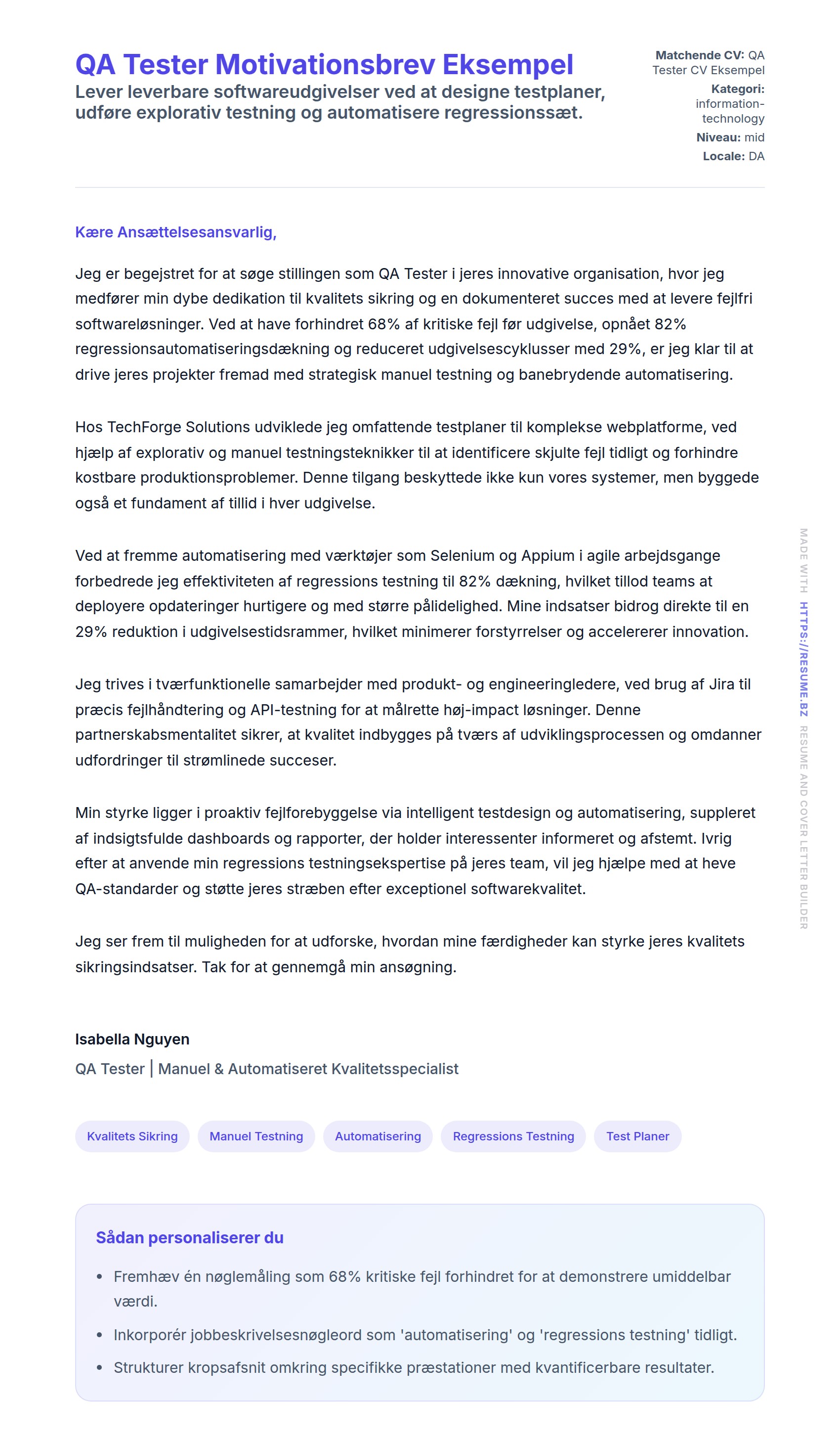 Ansøgningsbrev forhåndsvisning for QA Tester Motivationsbrev Eksempel