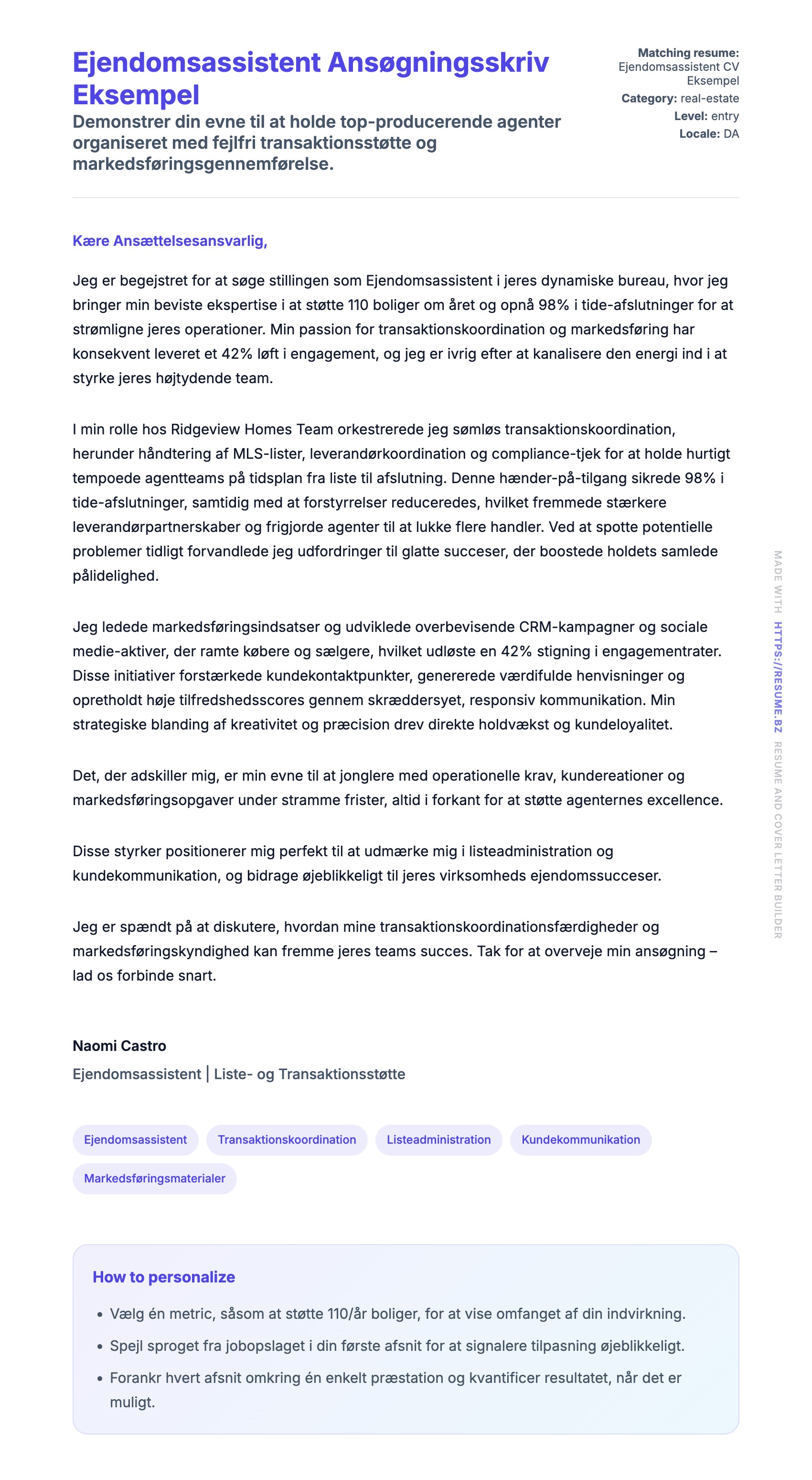 Ansøgningsbrev forhåndsvisning for Ejendomsassistent Ansøgningsskriv Eksempel