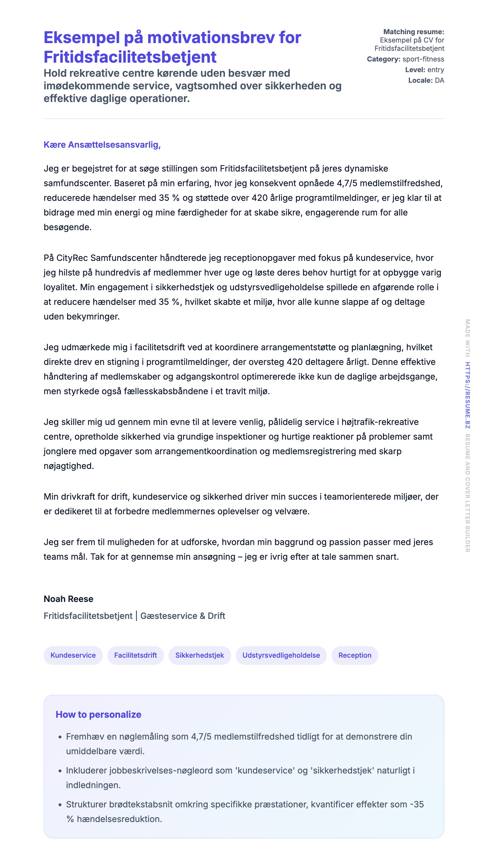 Ansøgningsbrev forhåndsvisning for Eksempel på motivationsbrev for Fritidsfacilitetsbetjent