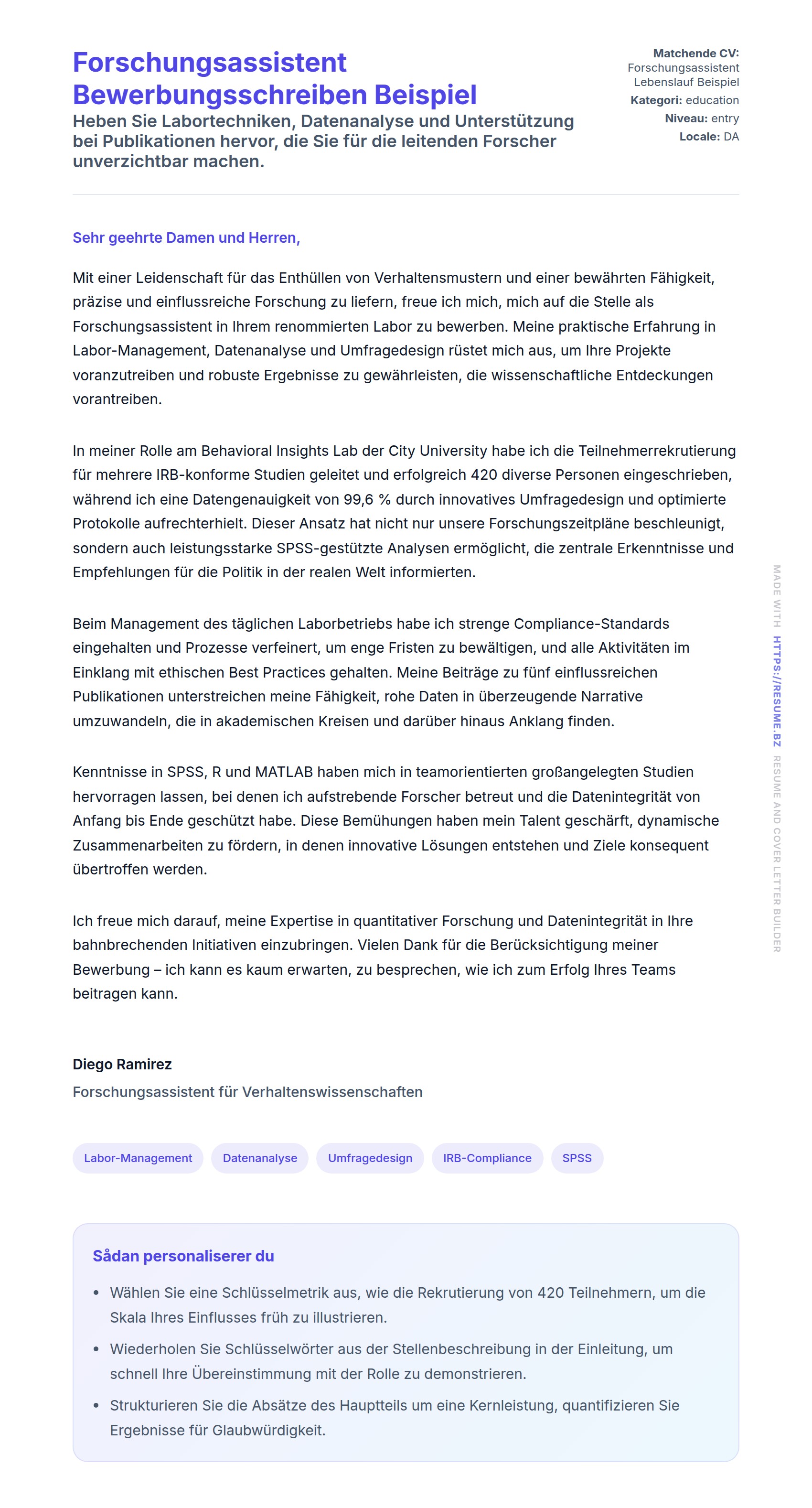 Ansøgningsbrev forhåndsvisning for Forschungsassistent Bewerbungsschreiben Beispiel