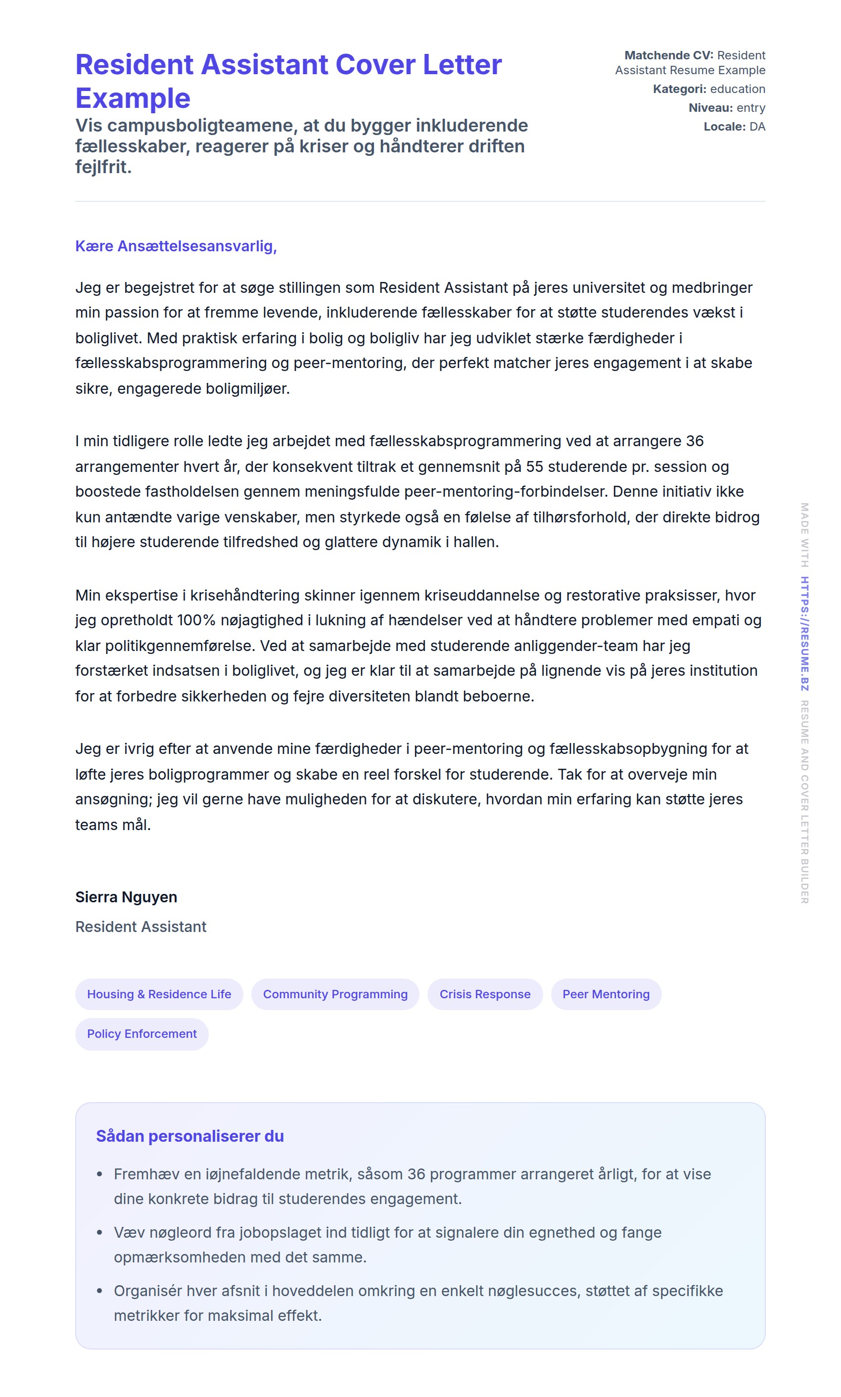 Ansøgningsbrev forhåndsvisning for Resident Assistant Cover Letter Example