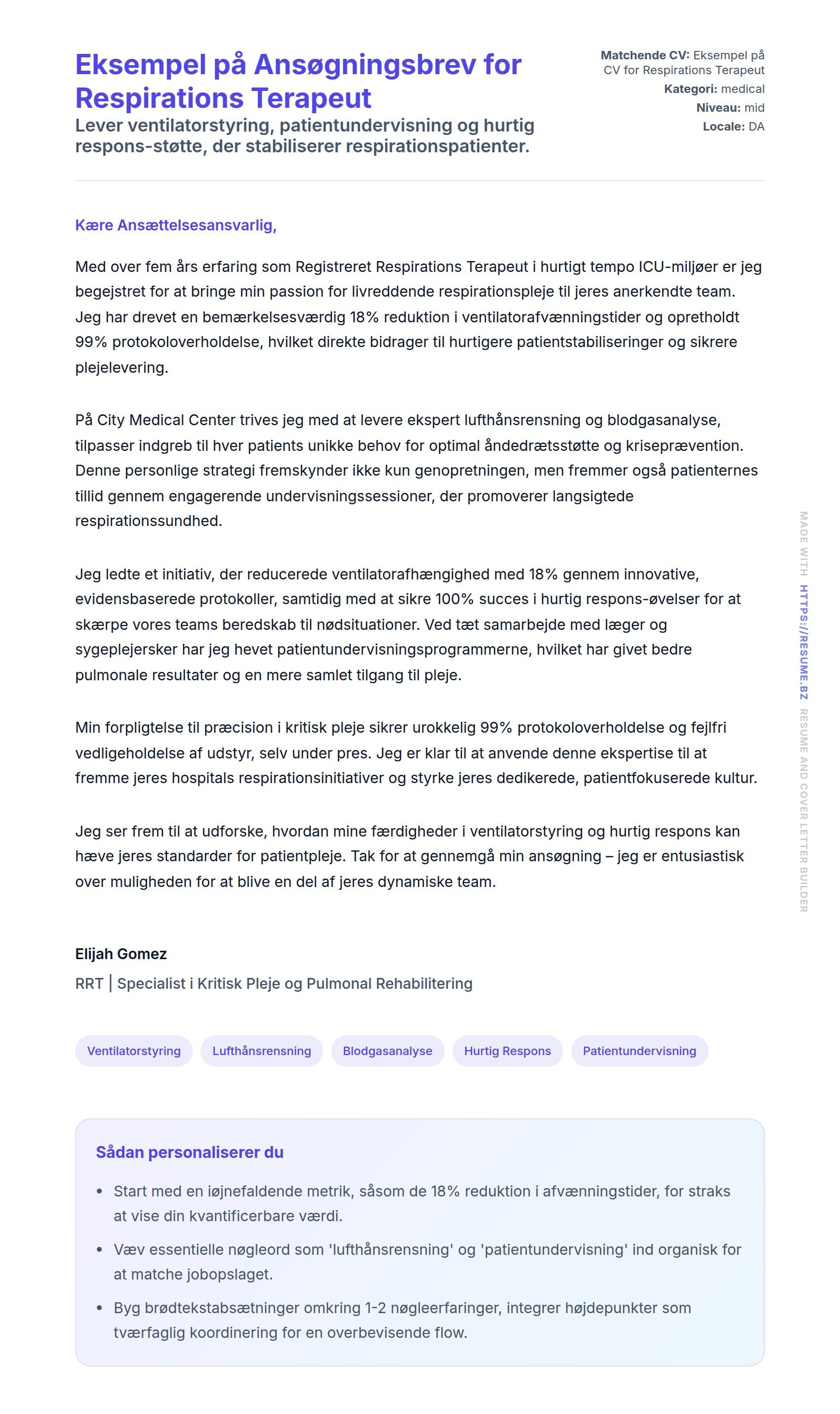 Eksempel på Ansøgningsbrev for Respirations Terapeut