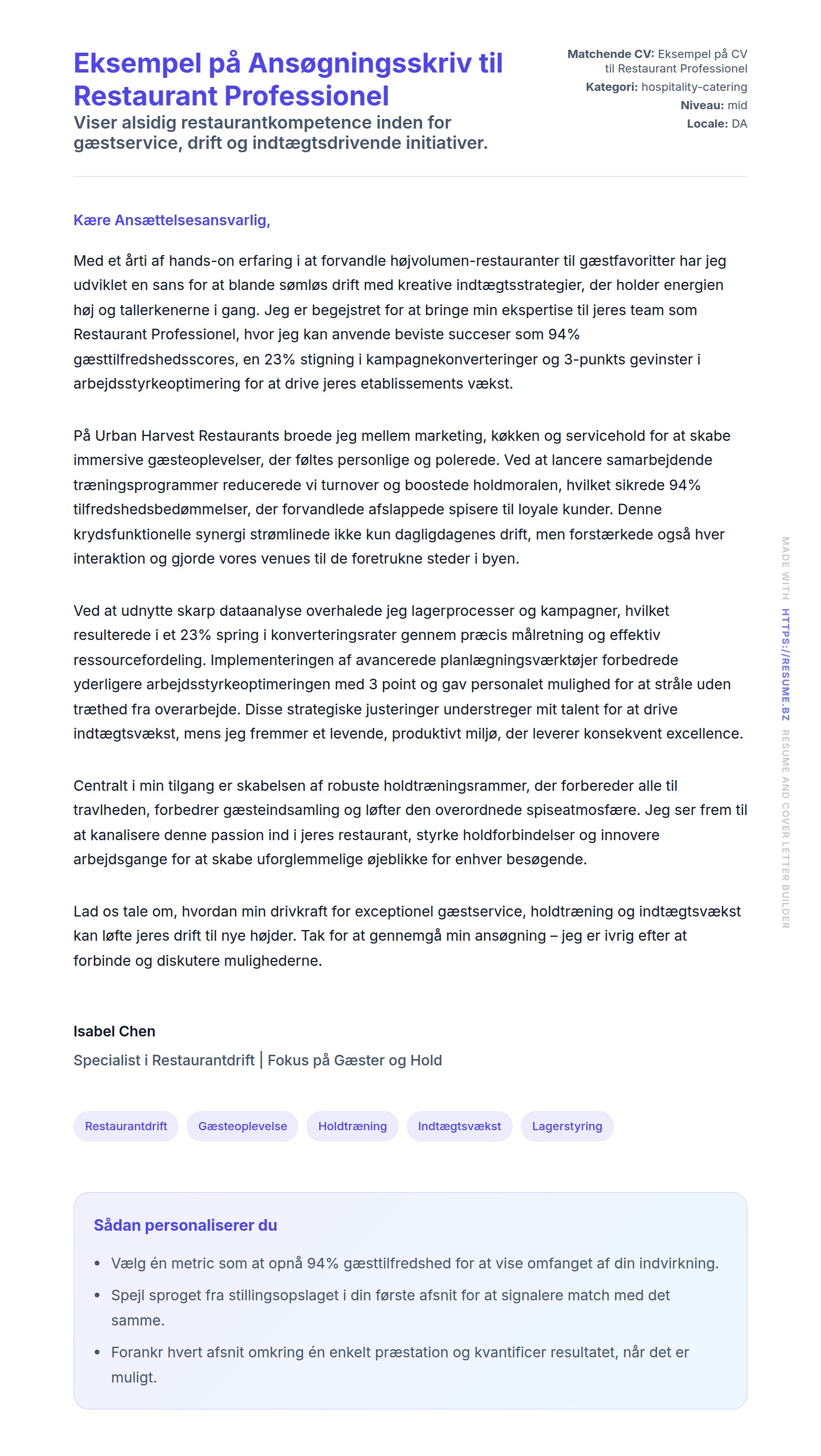 Ansøgningsbrev forhåndsvisning for Eksempel på Ansøgningsskriv til Restaurant Professionel