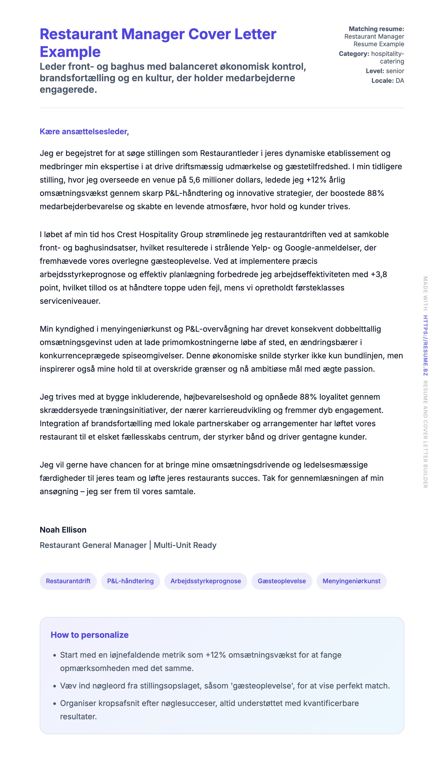 Ansøgningsbrev forhåndsvisning for Restaurant Manager Cover Letter Example