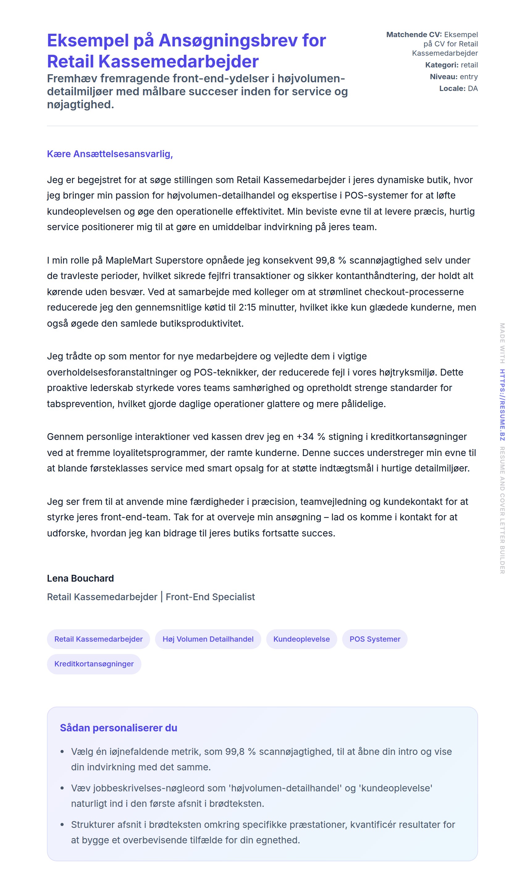 Ansøgningsbrev forhåndsvisning for Eksempel på Ansøgningsbrev for Retail Kassemedarbejder