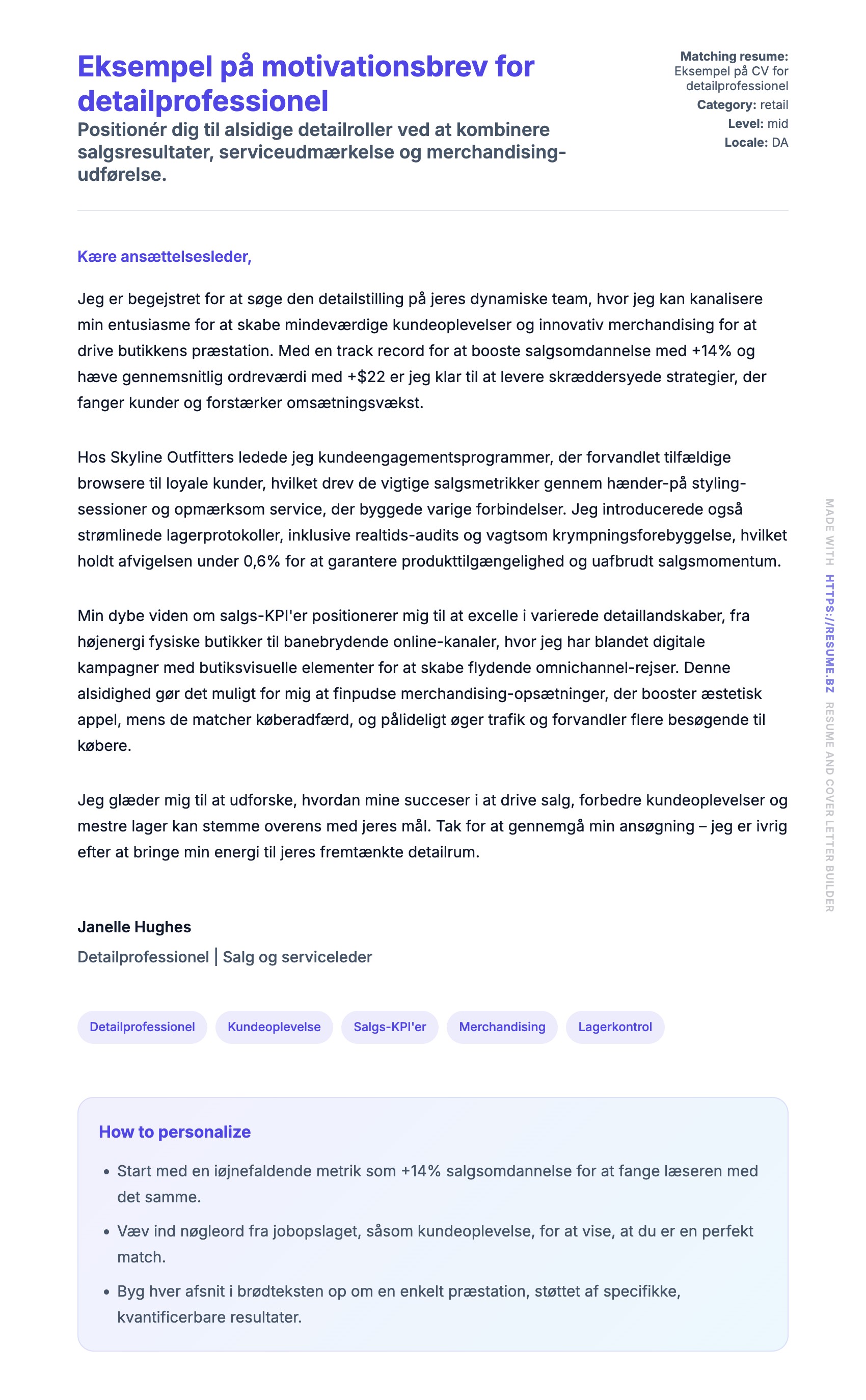 Ansøgningsbrev forhåndsvisning for Eksempel på motivationsbrev for detailprofessionel