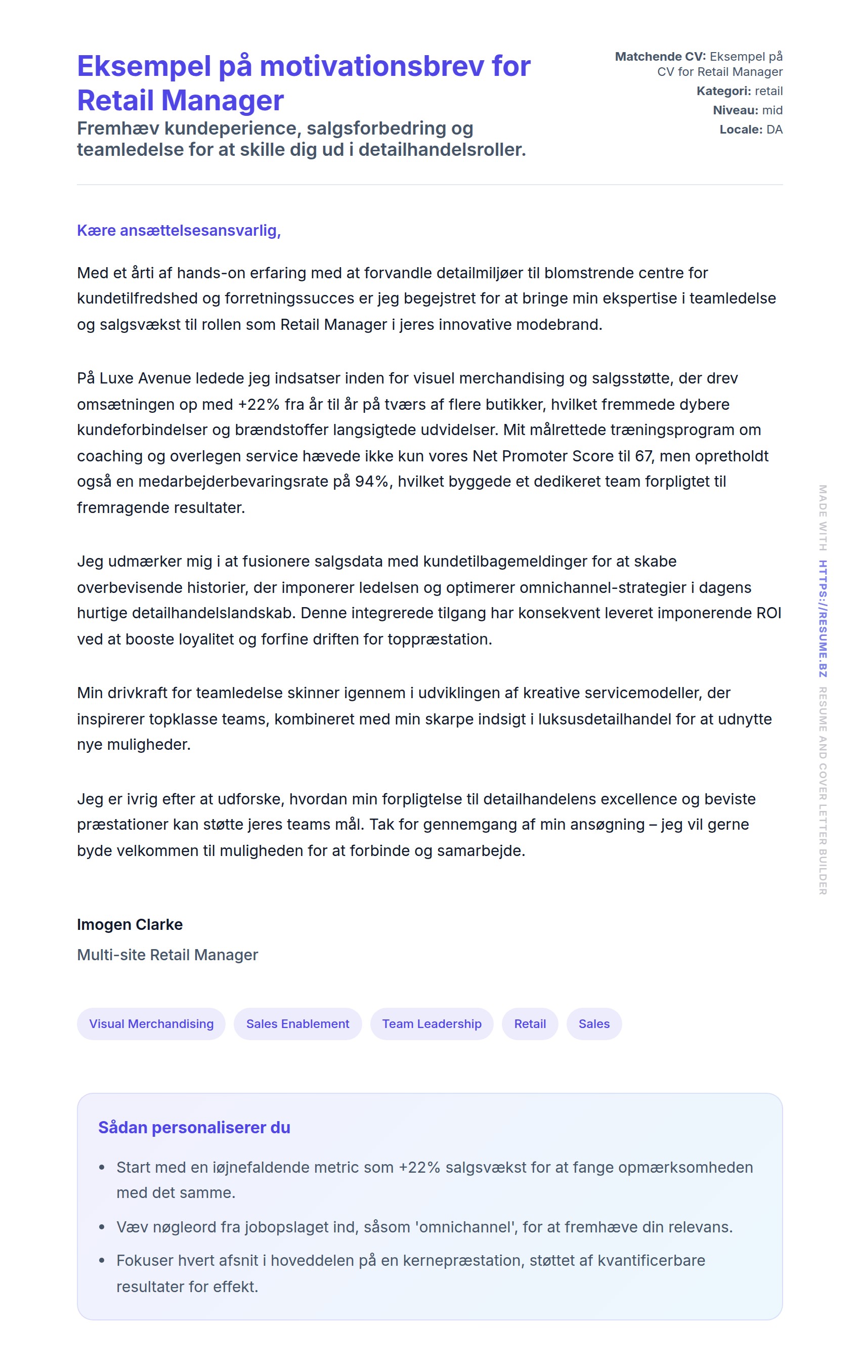 Eksempel på motivationsbrev for Retail Manager