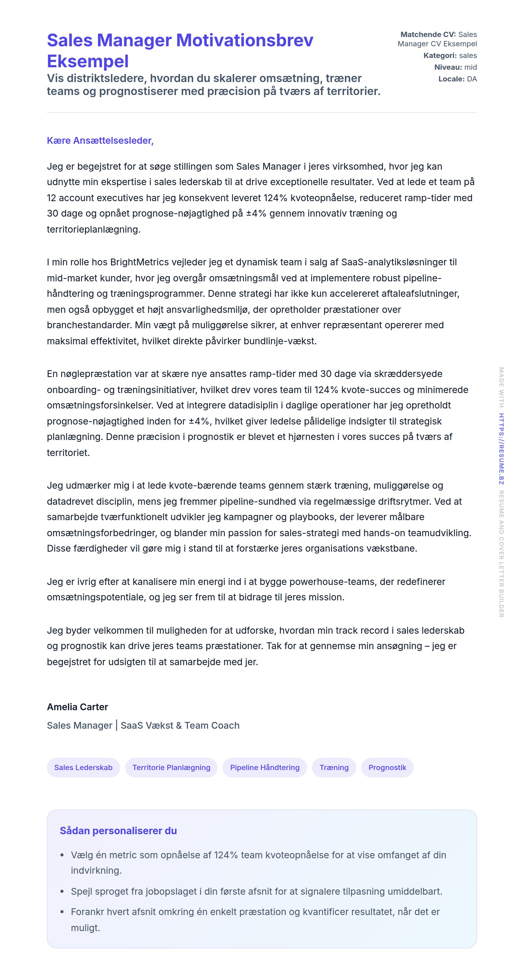 Ansøgningsbrev forhåndsvisning for Sales Manager Motivationsbrev Eksempel
