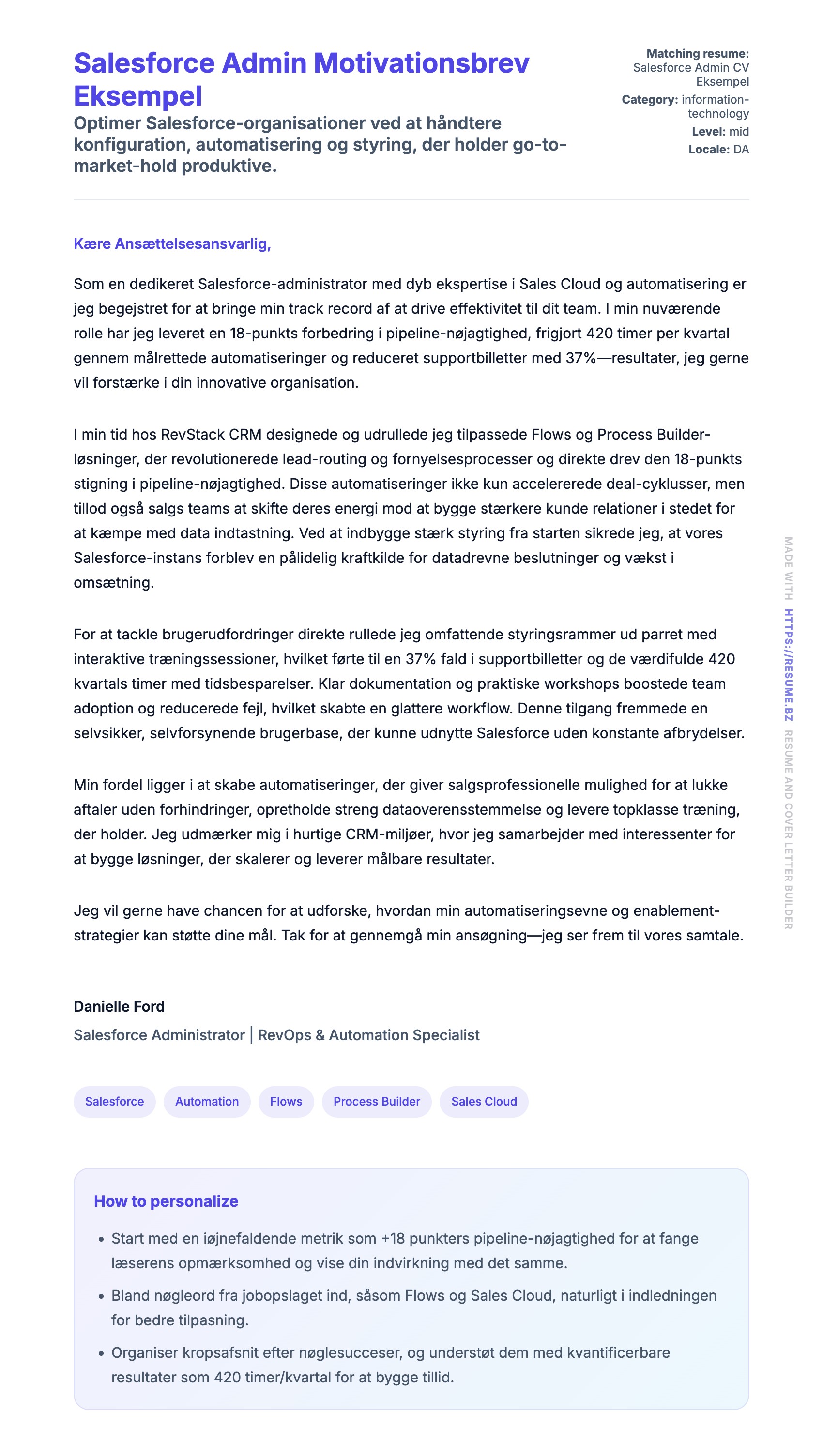 Ansøgningsbrev forhåndsvisning for Salesforce Admin Motivationsbrev Eksempel