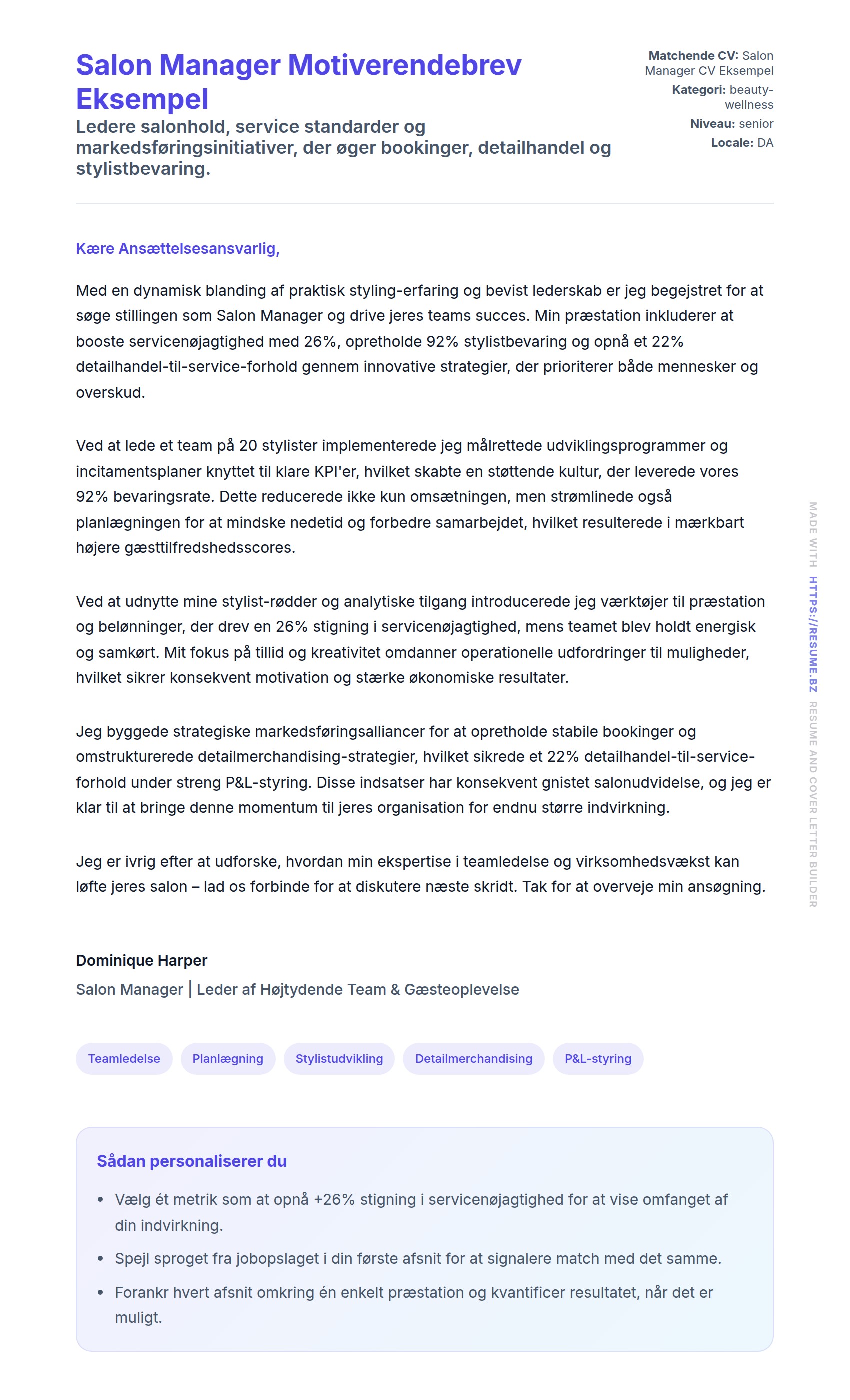 Ansøgningsbrev forhåndsvisning for Salon Manager Motiverendebrev Eksempel