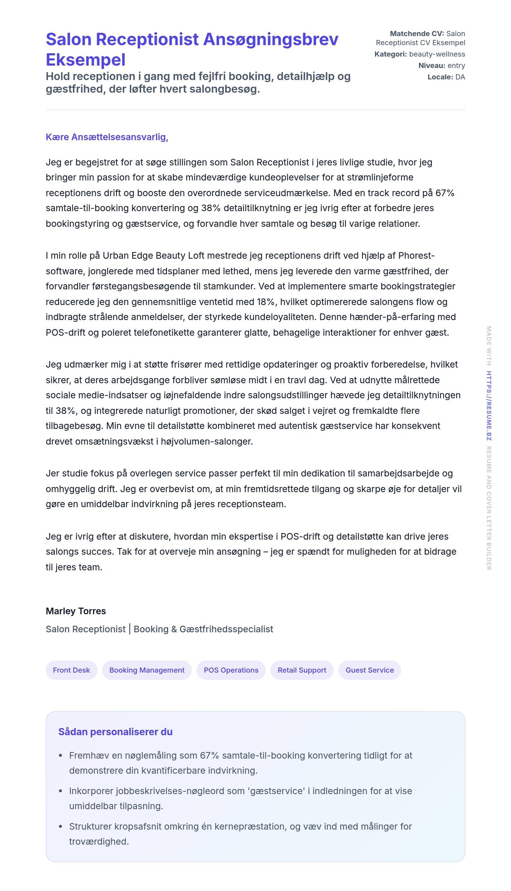 Ansøgningsbrev forhåndsvisning for Salon Receptionist Ansøgningsbrev Eksempel