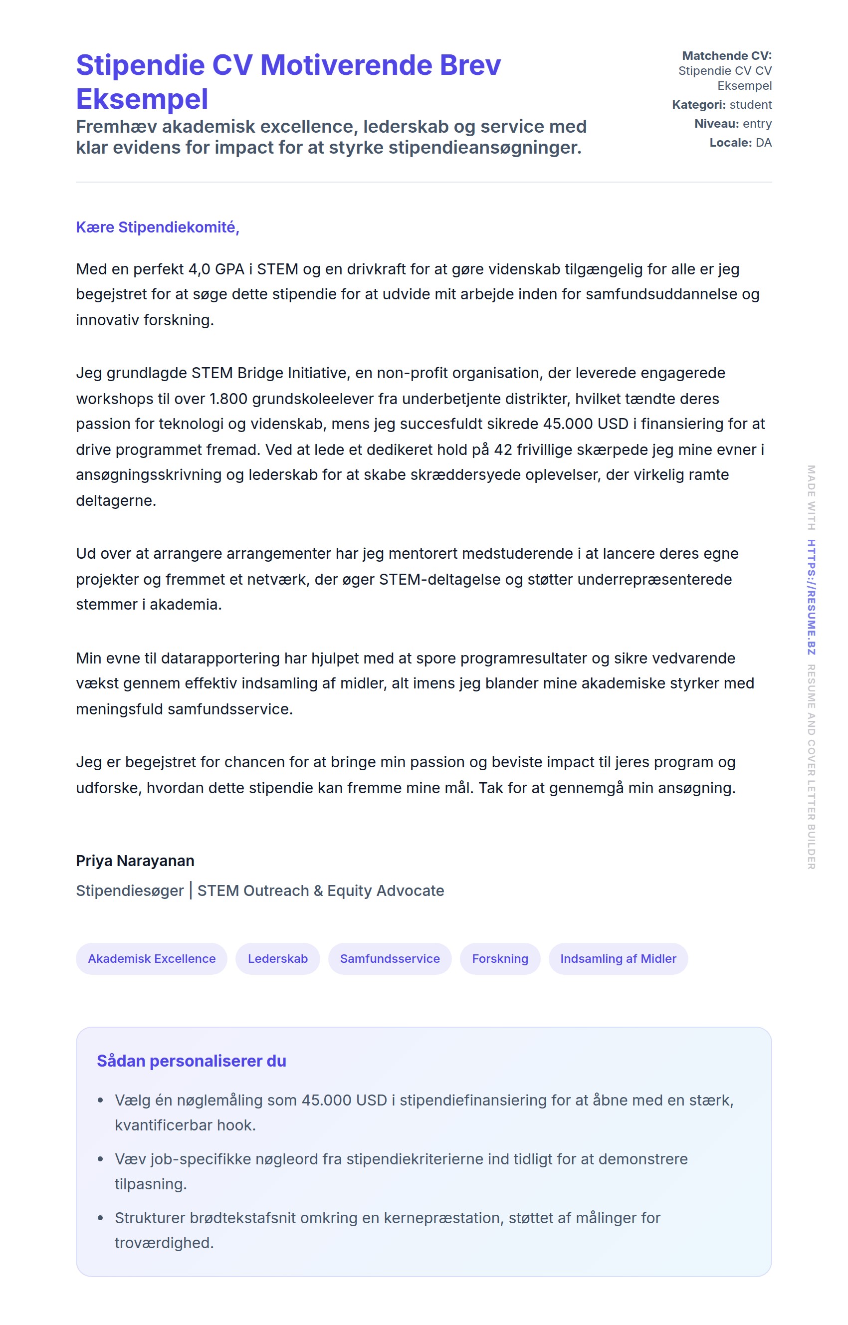 Stipendie CV Motiverende Brev Eksempel