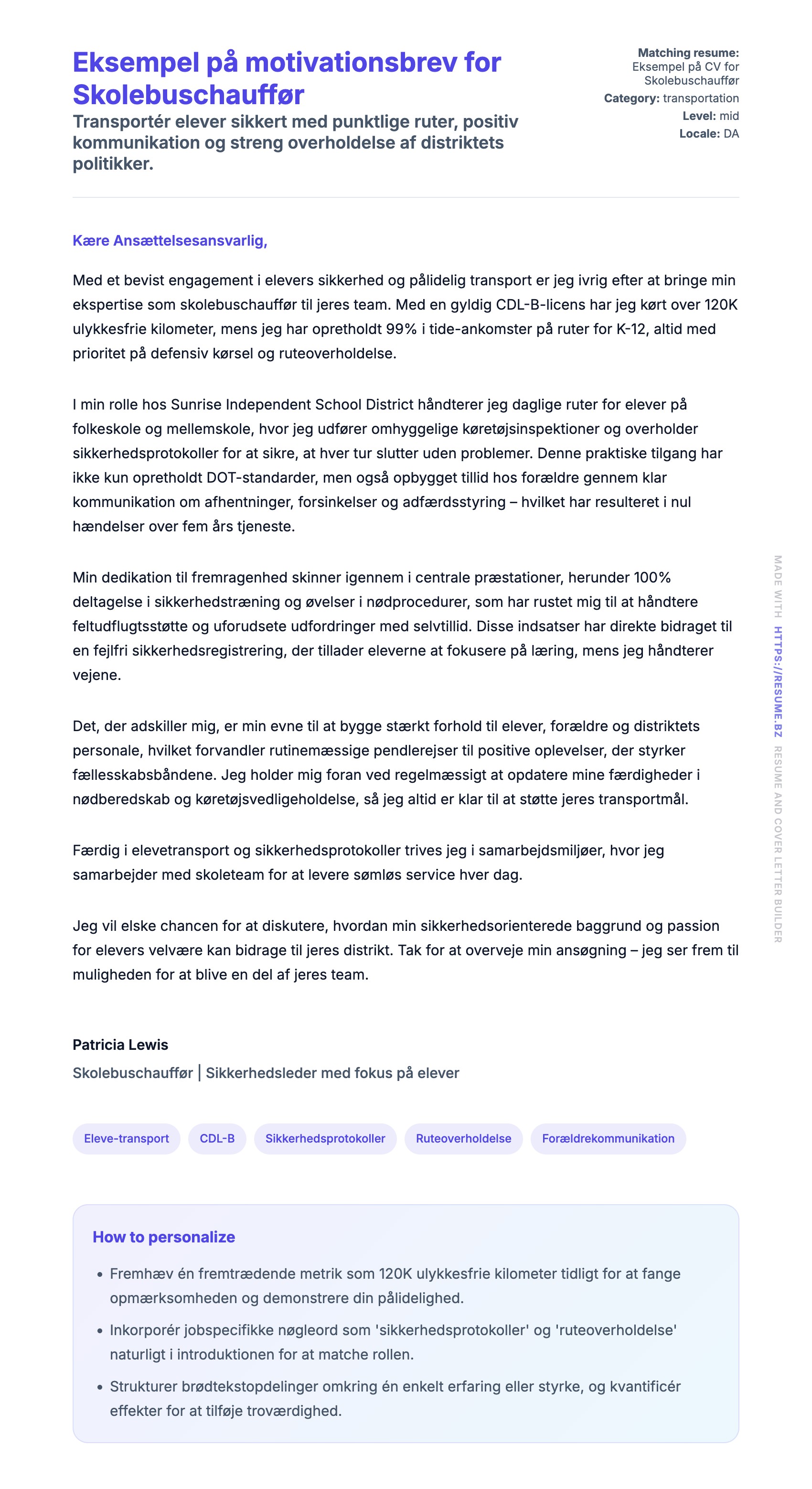 Ansøgningsbrev forhåndsvisning for Eksempel på motivationsbrev for Skolebuschauffør