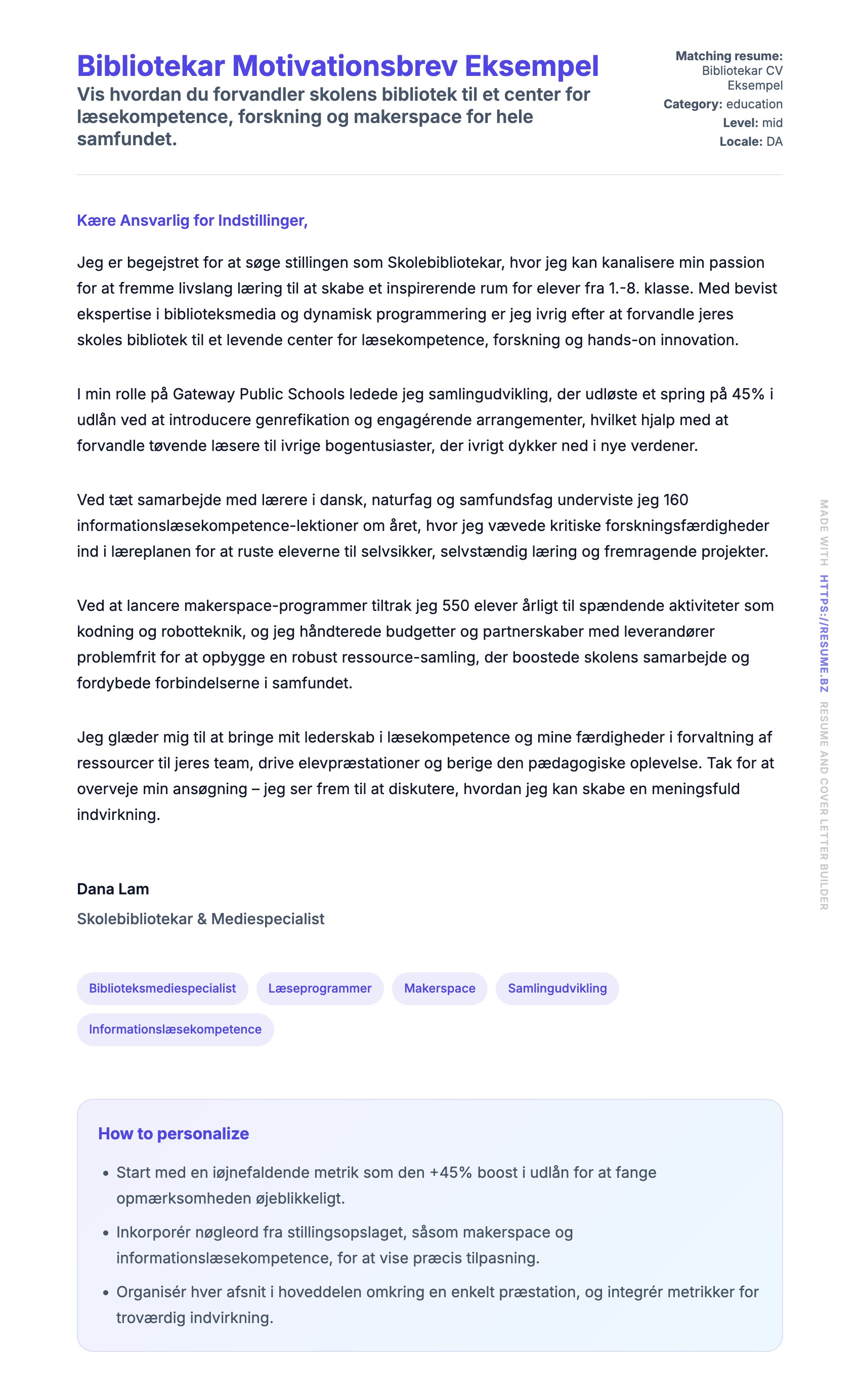 Ansøgningsbrev forhåndsvisning for Bibliotekar Motivationsbrev Eksempel