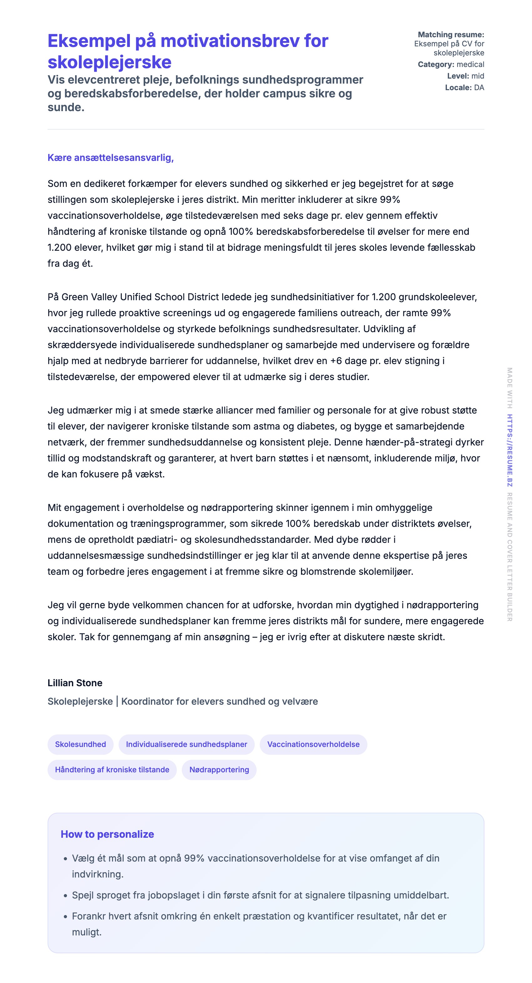 Ansøgningsbrev forhåndsvisning for Eksempel på motivationsbrev for skoleplejerske