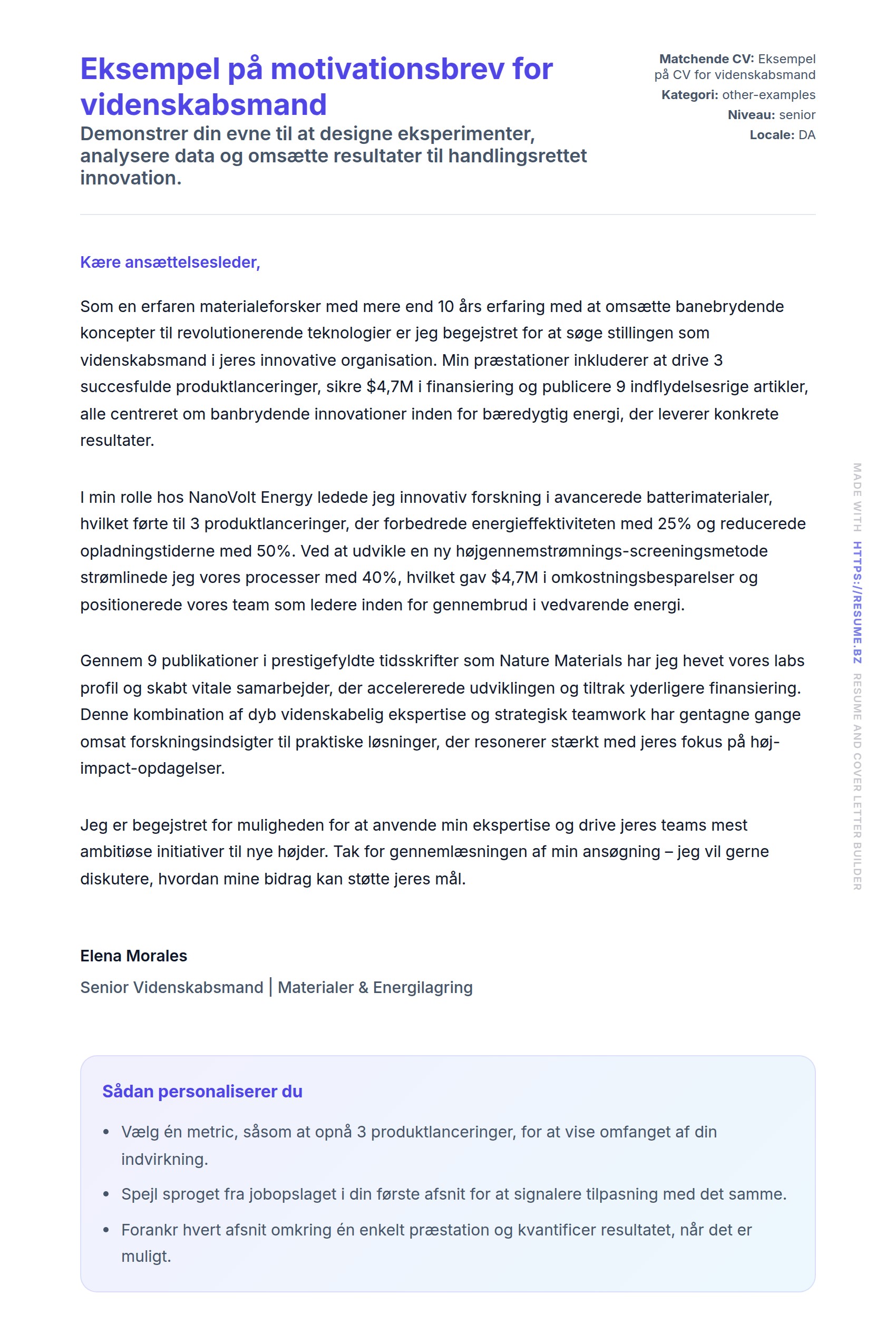 Ansøgningsbrev forhåndsvisning for Eksempel på motivationsbrev for videnskabsmand