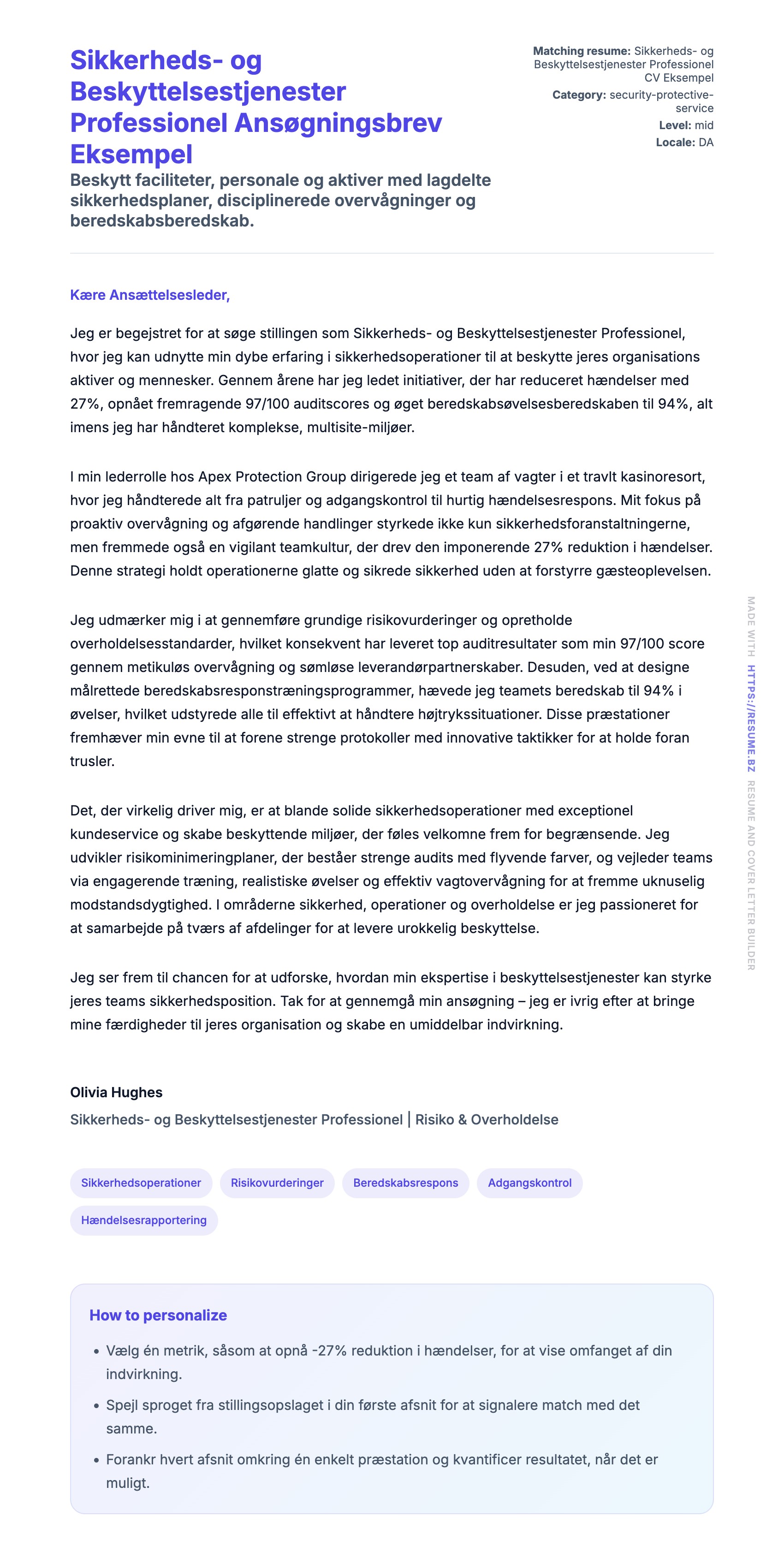 Ansøgningsbrev forhåndsvisning for Sikkerheds- og Beskyttelsestjenester Professionel Ansøgningsbrev Eksempel