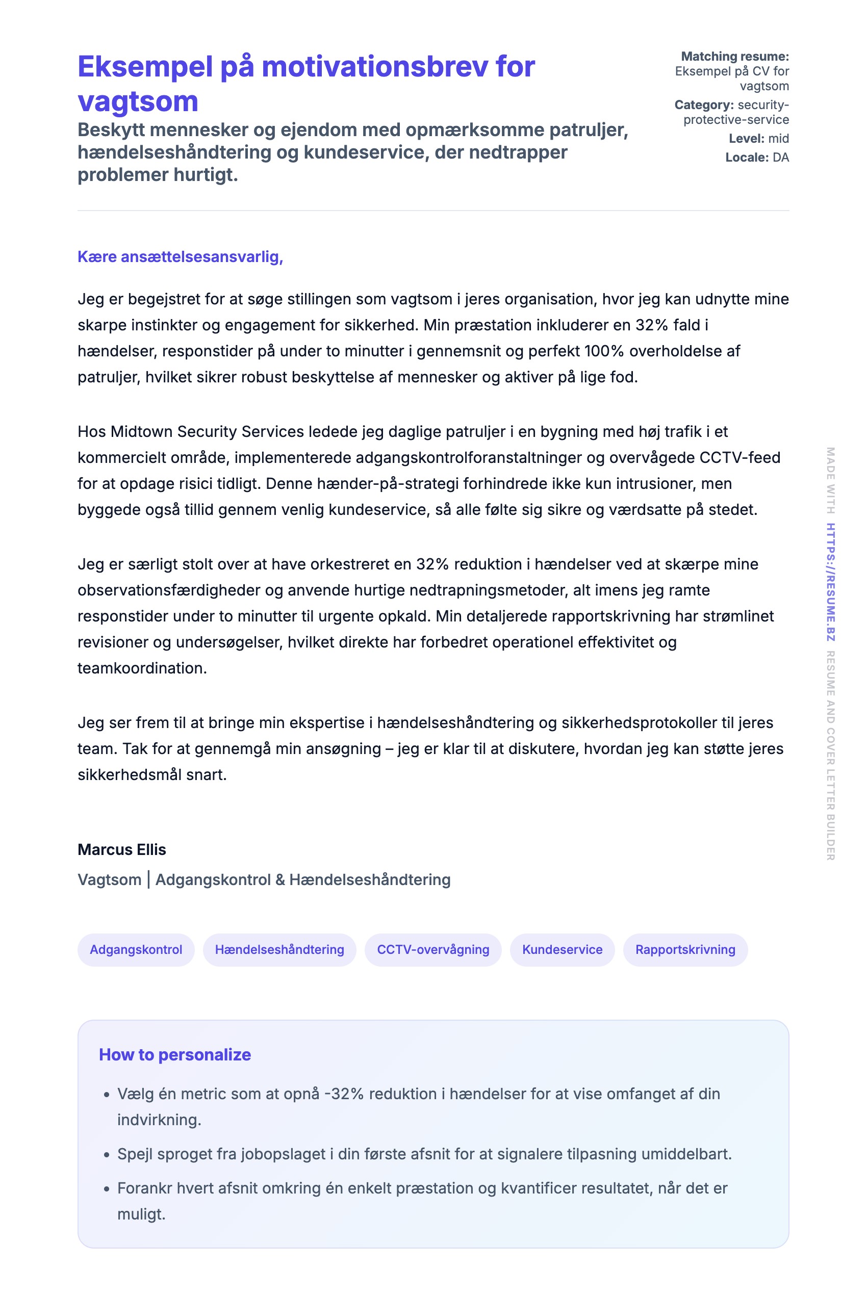 Ansøgningsbrev forhåndsvisning for Eksempel på motivationsbrev for vagtsom