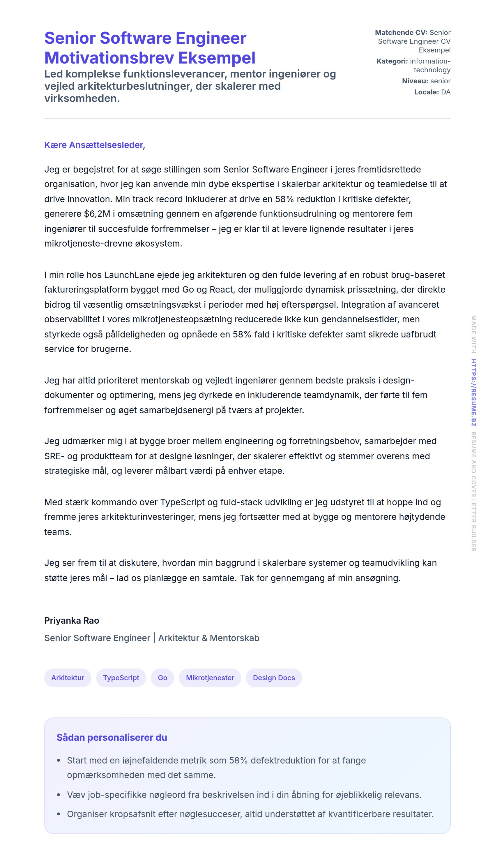 Ansøgningsbrev forhåndsvisning for Senior Software Engineer Motivationsbrev Eksempel