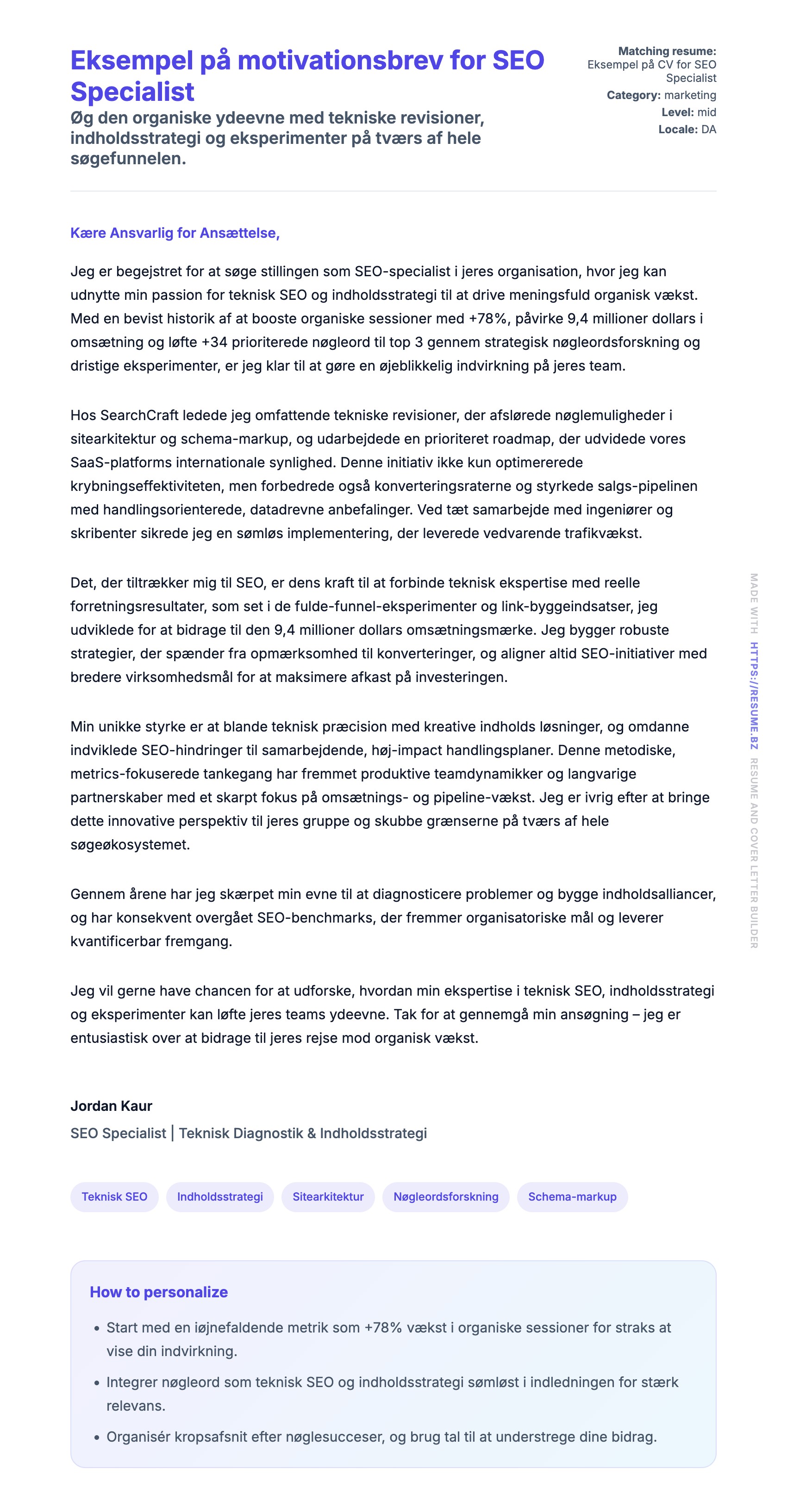 Ansøgningsbrev forhåndsvisning for Eksempel på motivationsbrev for SEO Specialist