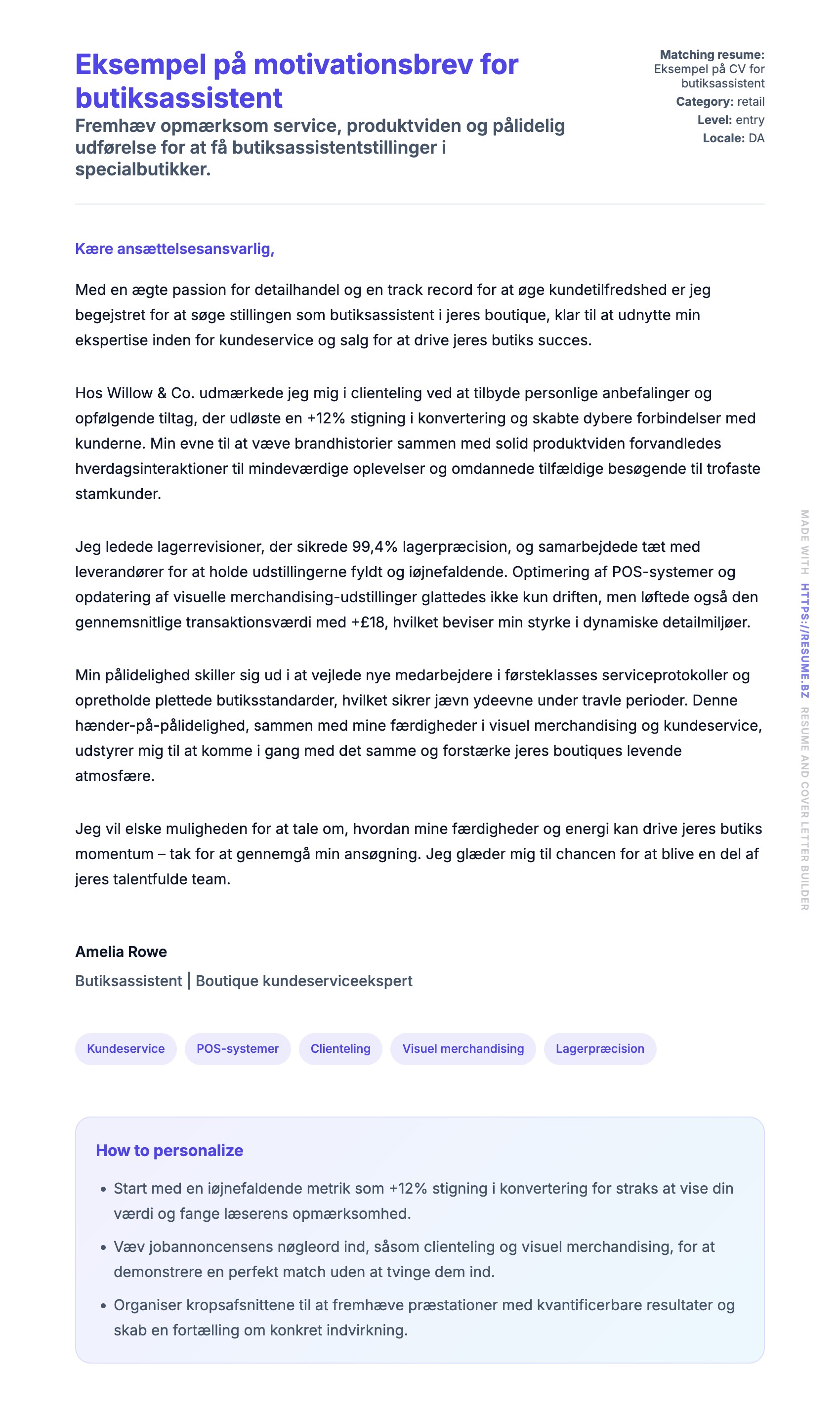 Ansøgningsbrev forhåndsvisning for Eksempel på motivationsbrev for butiksassistent