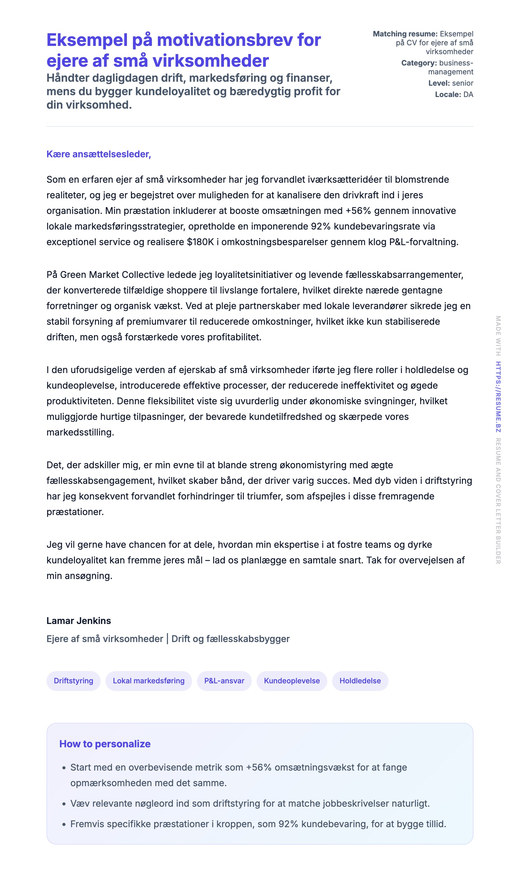 Ansøgningsbrev forhåndsvisning for Eksempel på motivationsbrev for ejere af små virksomheder