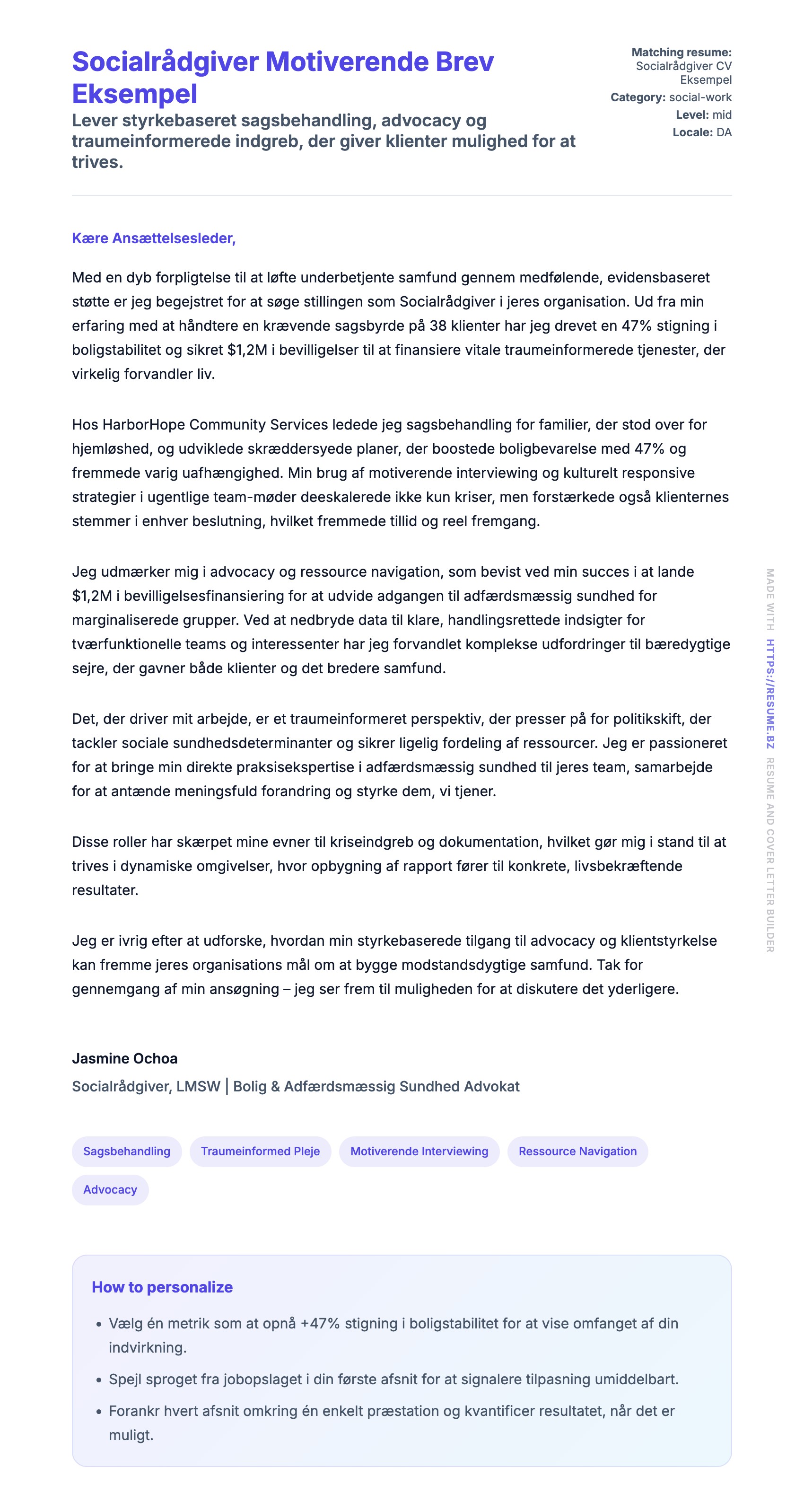 Ansøgningsbrev forhåndsvisning for Socialrådgiver Motiverende Brev Eksempel
