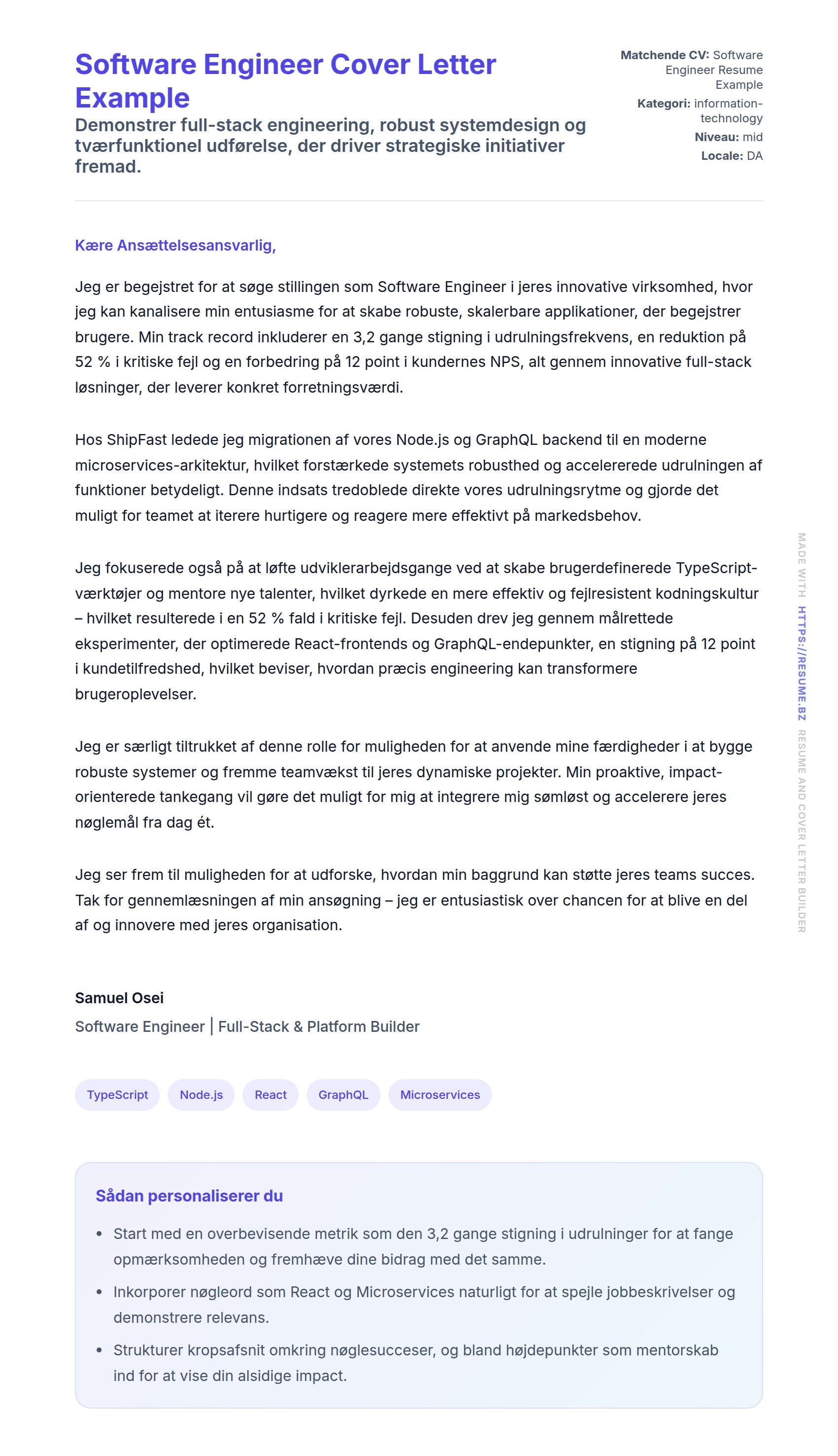 Ansøgningsbrev forhåndsvisning for Software Engineer Cover Letter Example