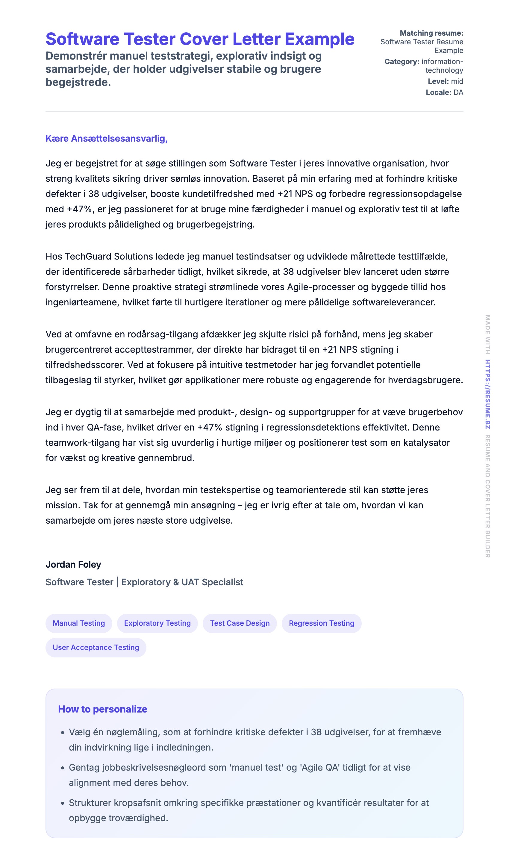 Ansøgningsbrev forhåndsvisning for Software Tester Cover Letter Example
