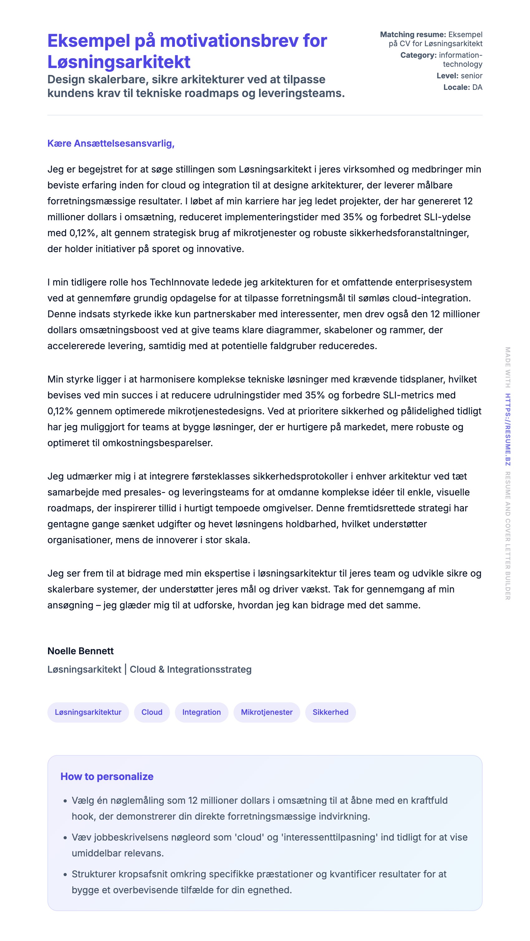 Ansøgningsbrev forhåndsvisning for Eksempel på motivationsbrev for Løsningsarkitekt