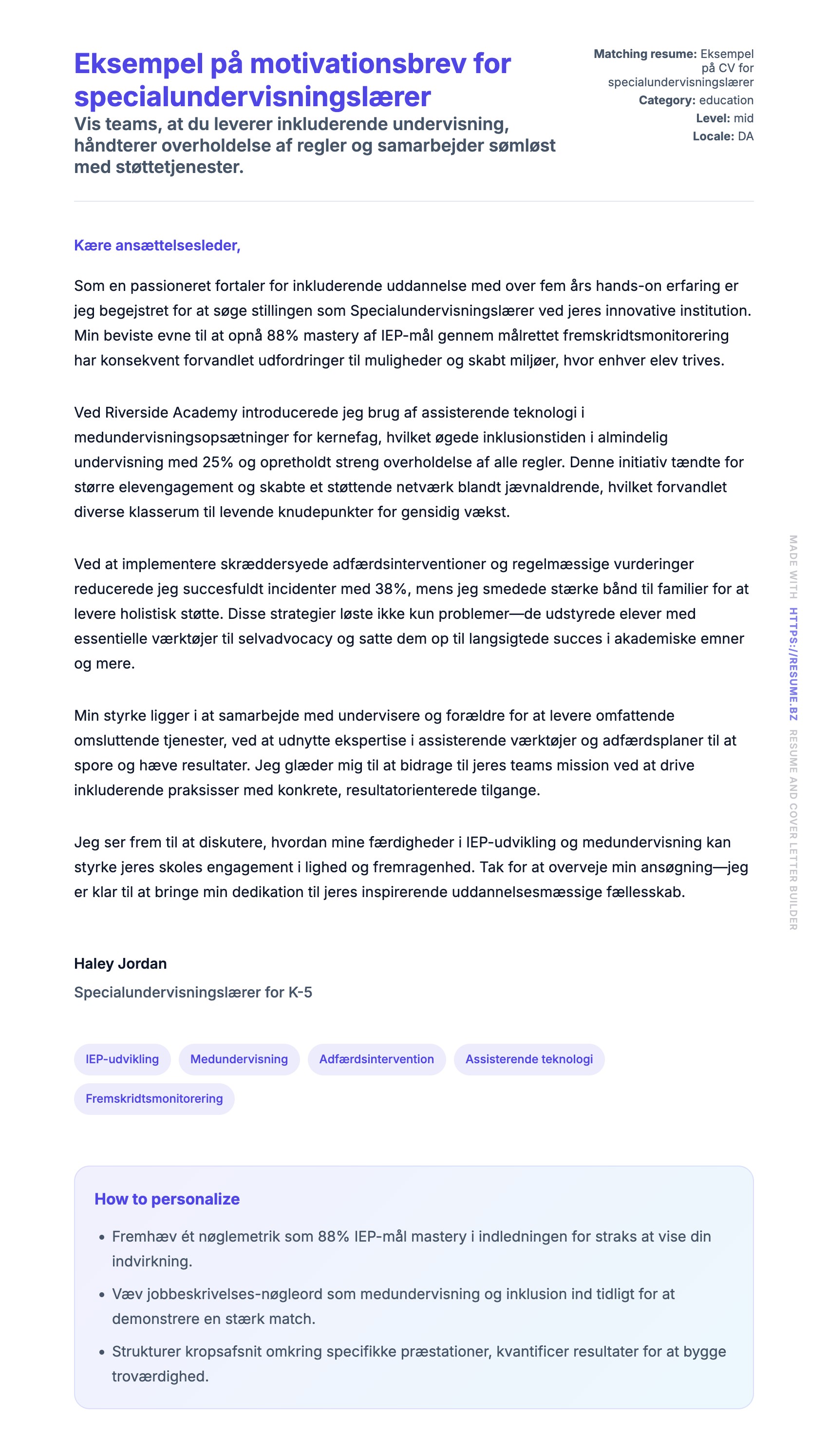 Ansøgningsbrev forhåndsvisning for Eksempel på motivationsbrev for specialundervisningslærer
