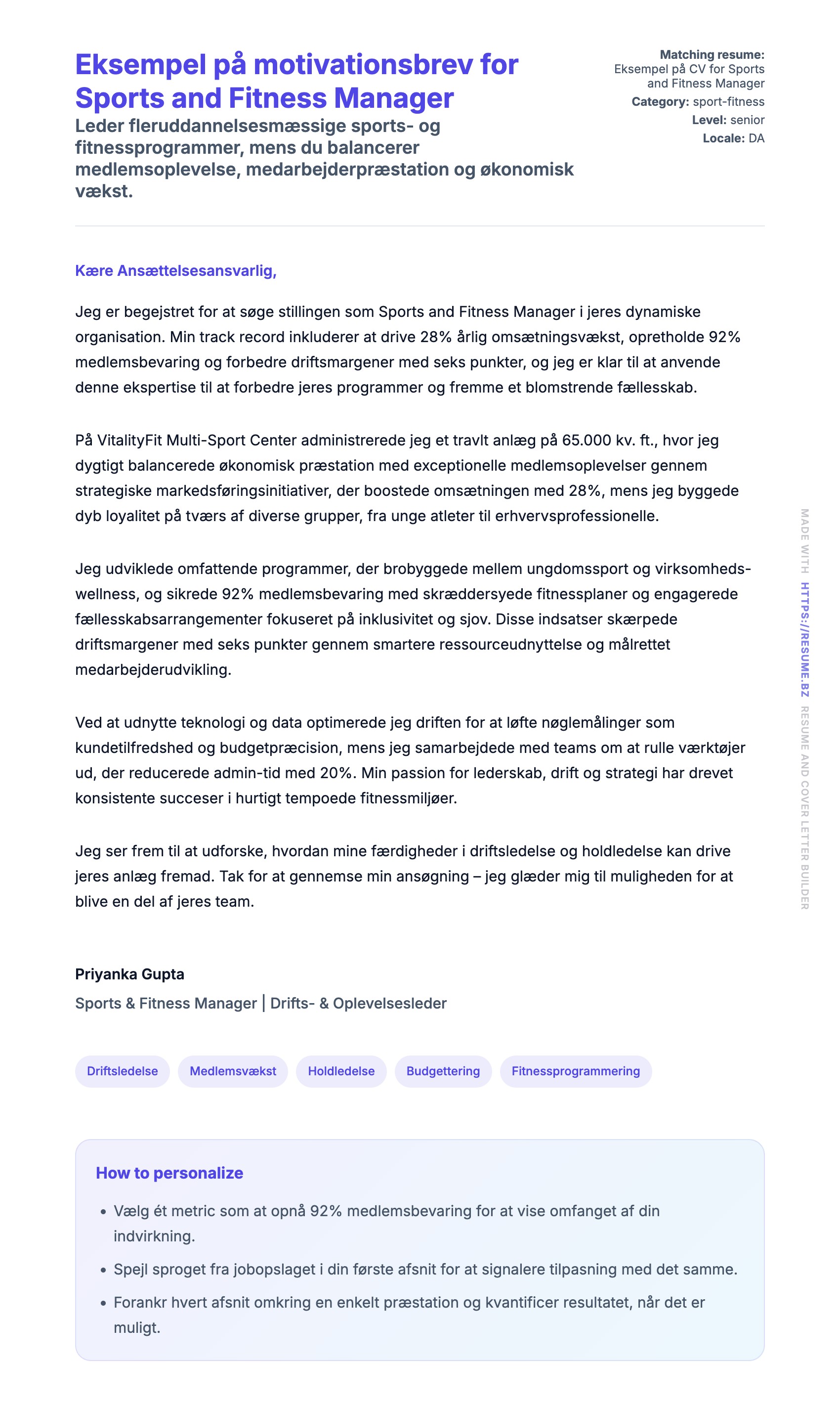 Ansøgningsbrev forhåndsvisning for Eksempel på motivationsbrev for Sports and Fitness Manager
