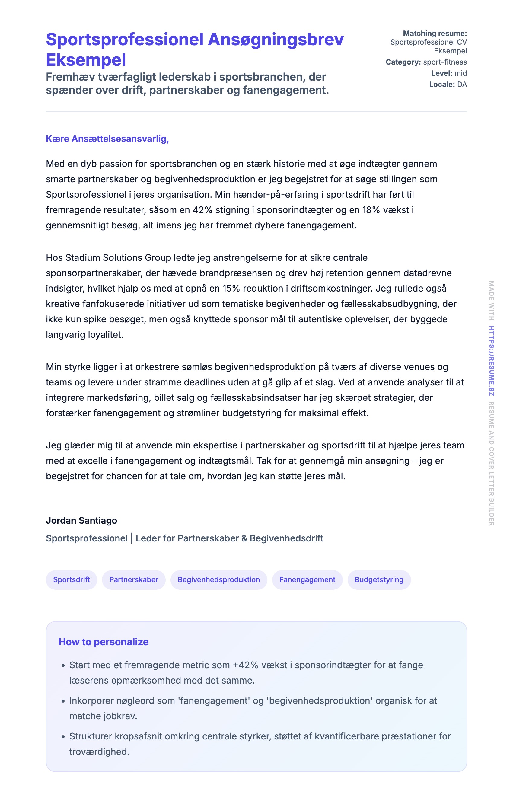 Ansøgningsbrev forhåndsvisning for Sportsprofessionel Ansøgningsbrev Eksempel