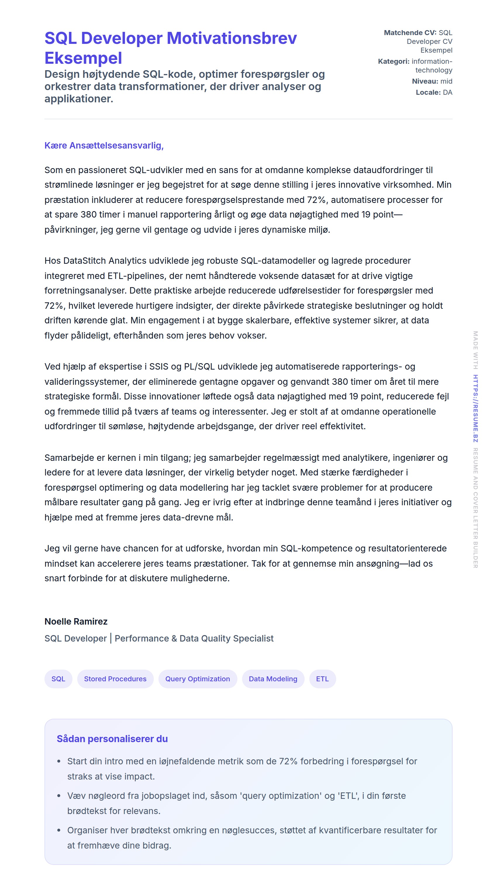 Ansøgningsbrev forhåndsvisning for SQL Developer Motivationsbrev Eksempel