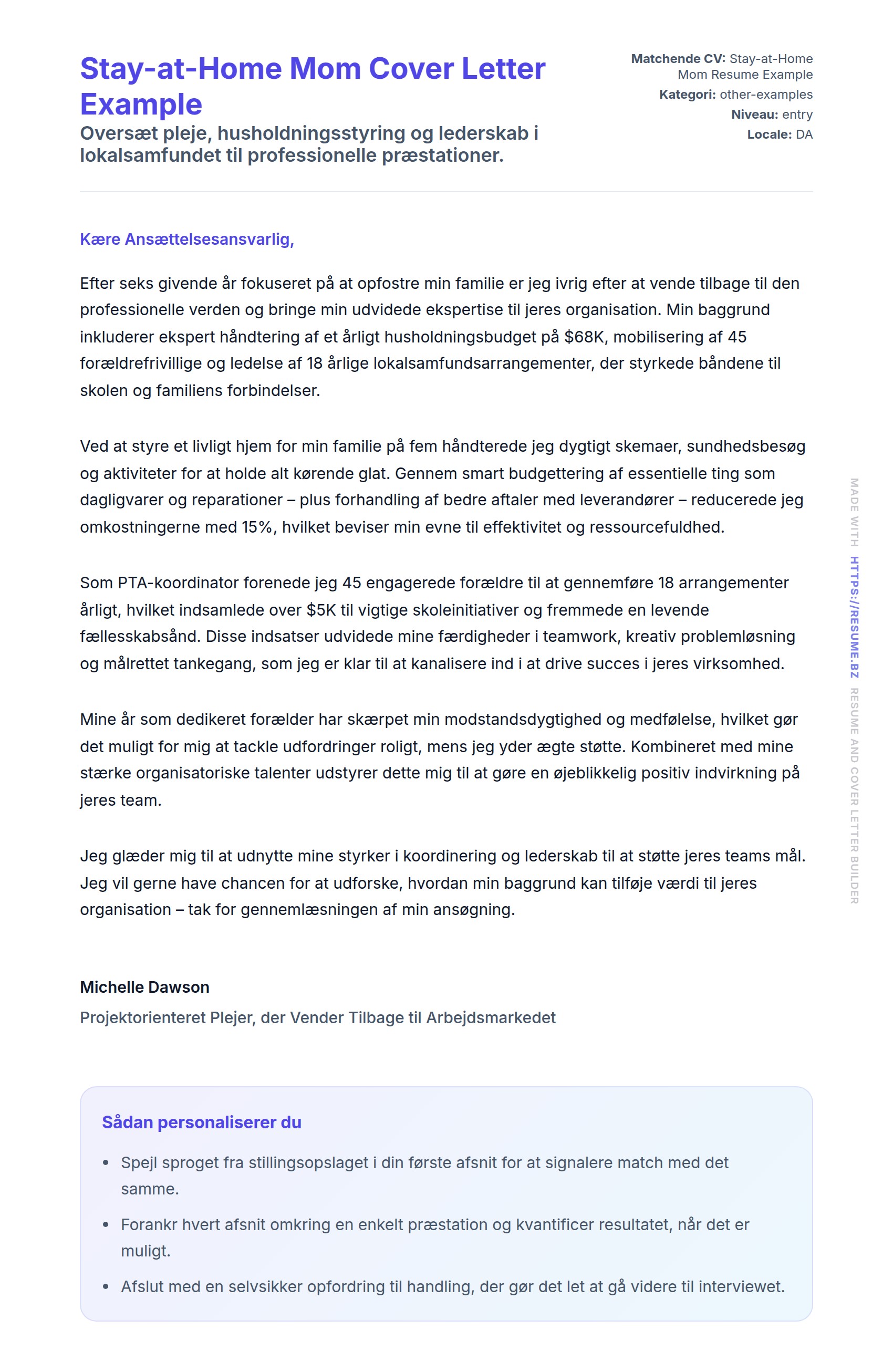Ansøgningsbrev forhåndsvisning for Stay-at-Home Mom Cover Letter Example