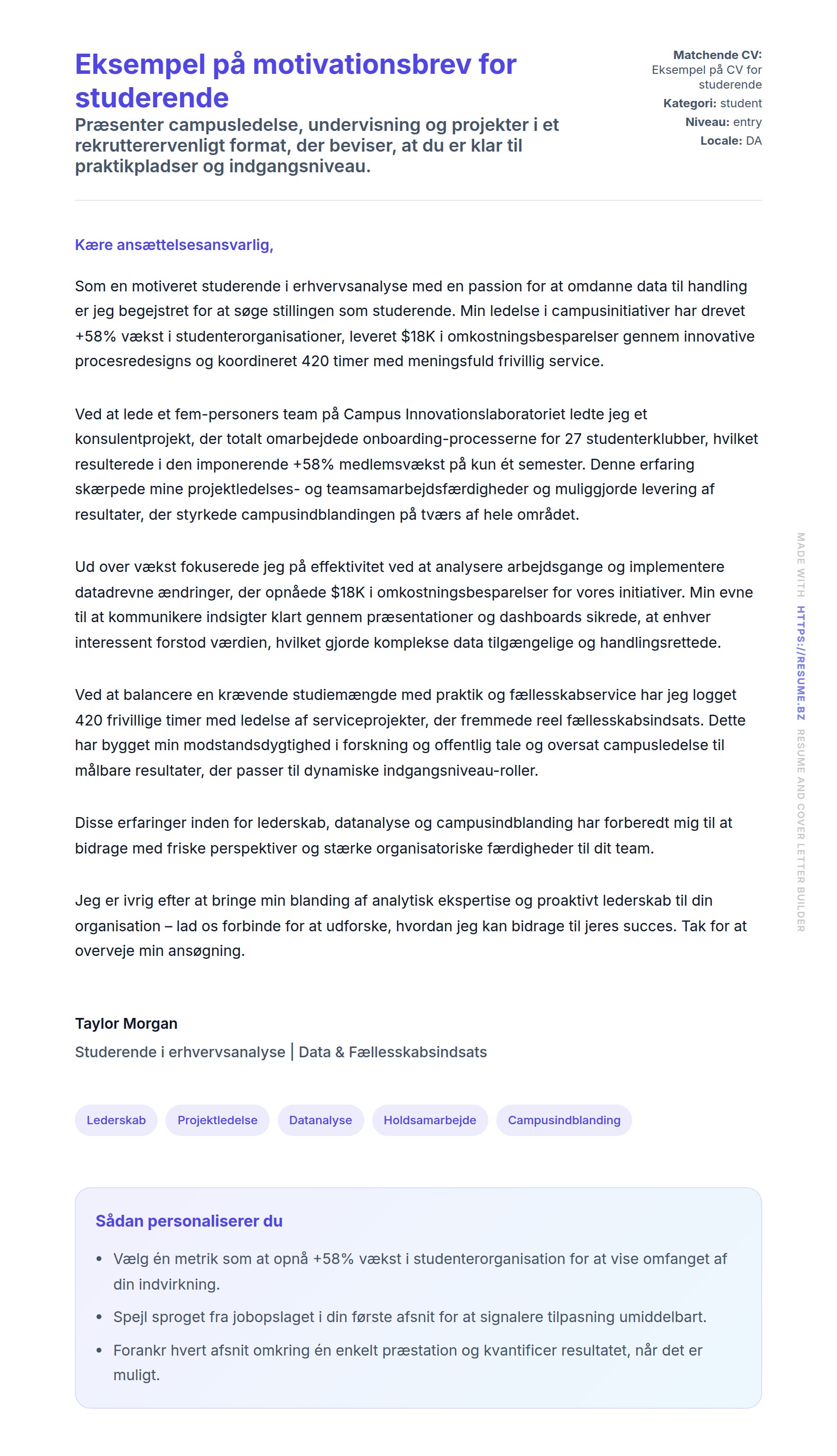 Ansøgningsbrev forhåndsvisning for Eksempel på motivationsbrev for studerende