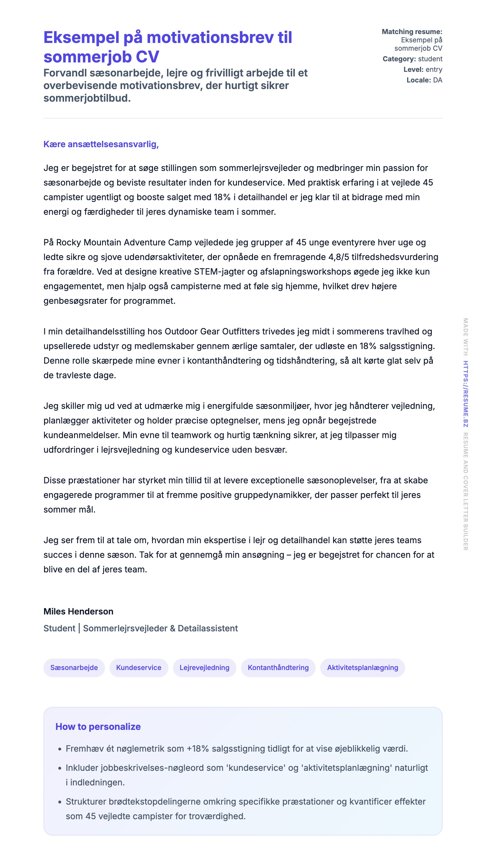 Ansøgningsbrev forhåndsvisning for Eksempel på motivationsbrev til sommerjob CV