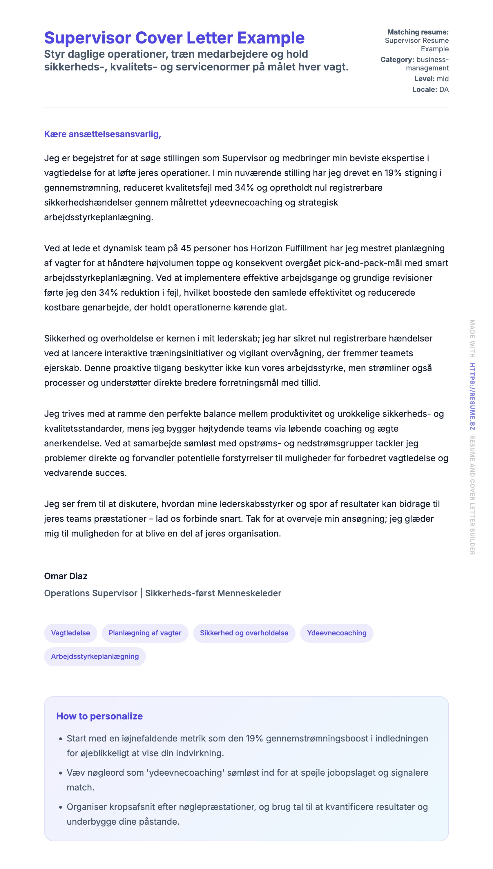 Ansøgningsbrev forhåndsvisning for Supervisor Cover Letter Example
