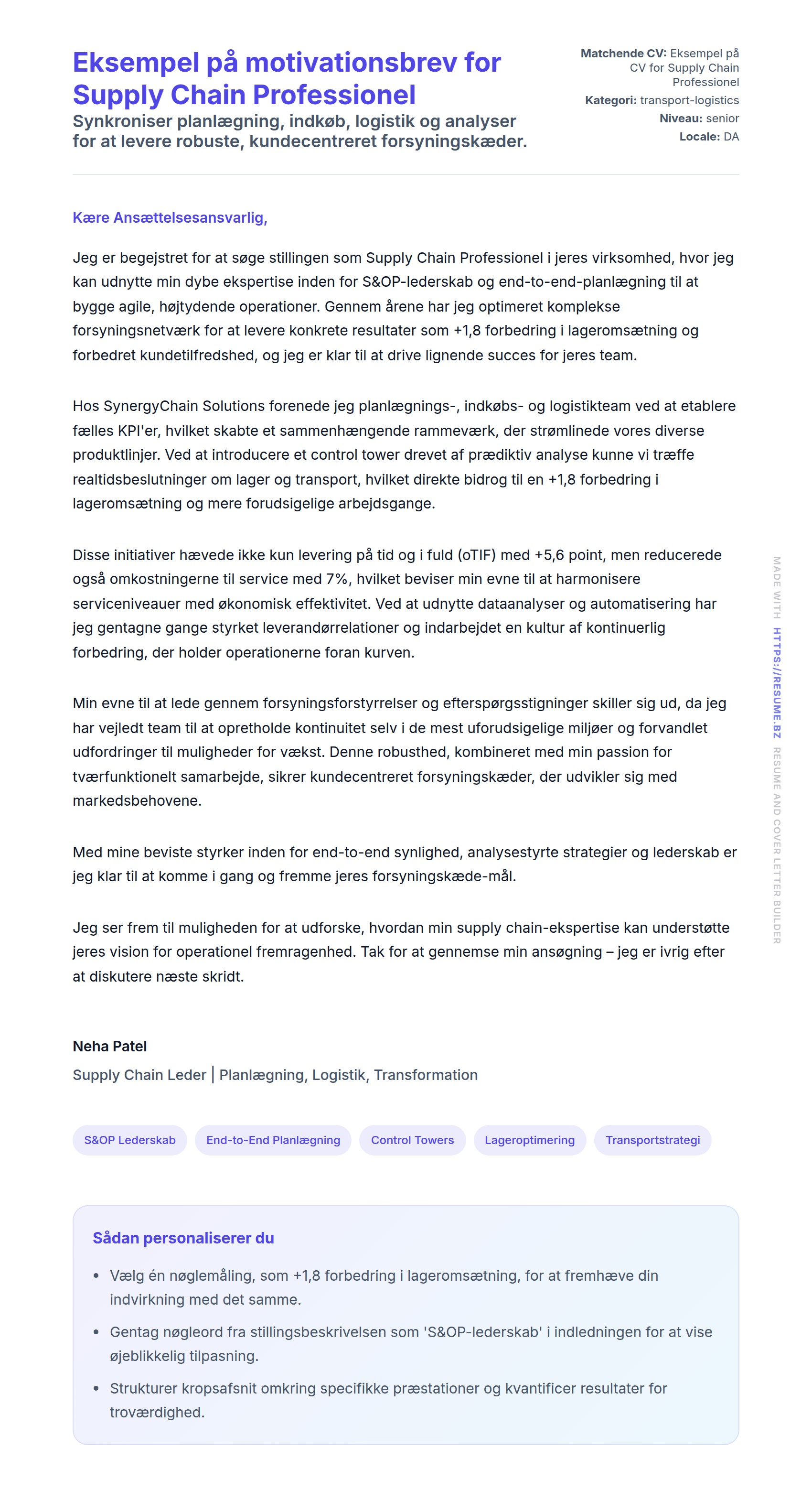 Ansøgningsbrev forhåndsvisning for Eksempel på motivationsbrev for Supply Chain Professionel